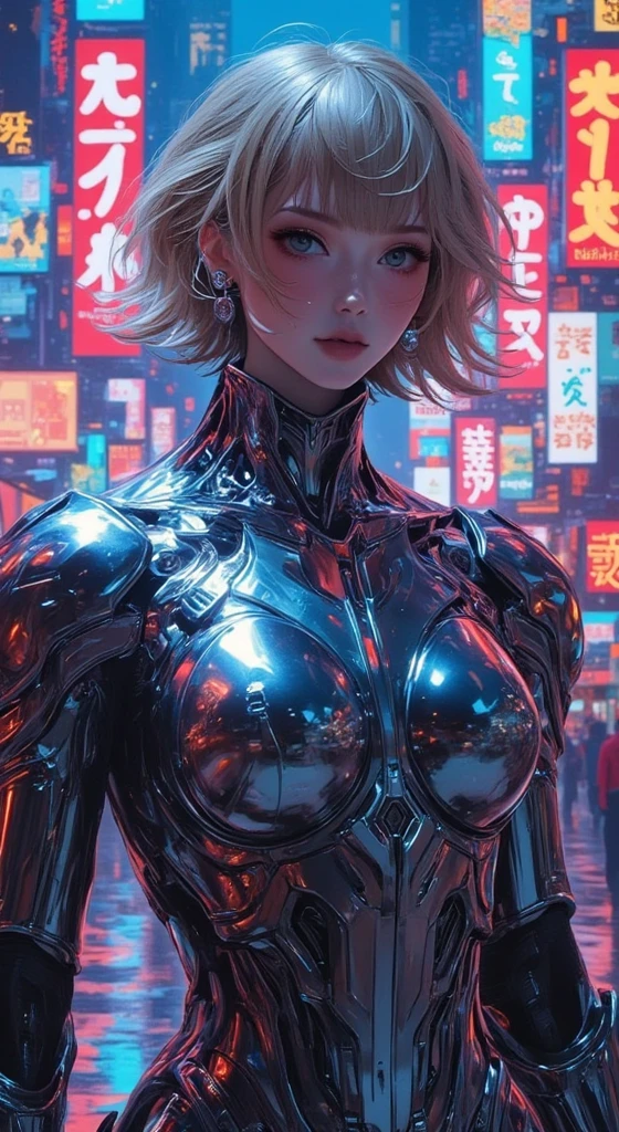 (((mulher))), (((melhor qualidade))), (((obra prima))), (((Ginóide))), (((1girl))), (((pele de metal))), (((neon genesis evangelion)), (((1girl))), A futuristic gynoid game girl with high-tech exo-skeleton and a complex look, Mulher de 18 anos com corpo perfeito, rosto limpo, ((( tight clothes in metallic colors ))), (((look preto com estampa xadrez vermelha e branca ))), Quase nova no estilo selvagem urbano de Hajime Sorayama para a capa da revista Heavy Metal, Spectacular futuristic graphics, Minimum clothing, (((metallic black body))), (((do joelho pra cima))), ((( short hair cuts ))), um porto espacial ao fundo, (((auto contraste da personagem com o fundo))), Two-tone lighting, film granulation, Cyberworld, Acrylic Comix, Sorayama