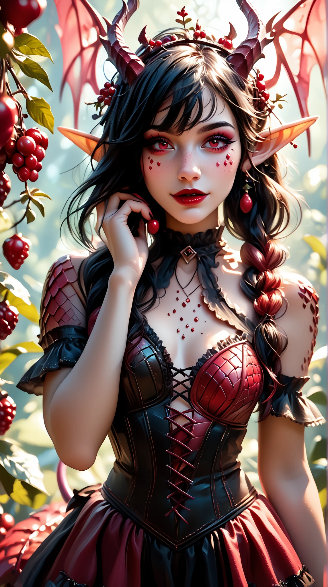 Araffe dressed in a Little Red Riding Hood and holding a basket of apples, red corset, black garter belt, Little Red Riding Hood 3d, very sexy outfit, in a forest with cold colors and mysterious, just her alone, Little Red Riding Hood, full body close-up, red body costume, costume, bright red cape on the back, dazzled fruit costumes, sexy girl, red hoodies, sensually provocative, look inviting to pleasure, expression of malice, malicious smile, perfect face, perfect body., brown hair, Surrealism, high detail, cowboy shot, cowboy shot, Eye-Level Shot, Hasselblad, 85mm, f/1.2, 8k, award winning, high details, best quality, anatomically correct