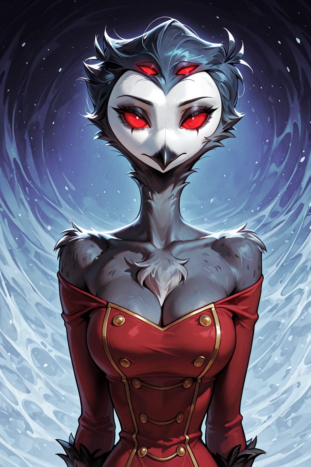 KillerFrost,short dark blue hair, solo, blue eyes, blue lips, blue skin,
KFattire,elbow gloves,thighhighs,fur trim,bridal gauntlets,thighs,boots,detached sleeves,blue leotard,collarbone,
standing, upper body, evil smile, midriff, cleavage, white cape,
ice park, Gotham city, night, snow,
(insanely detailed, beautiful detailed face, masterpiece, best quality)