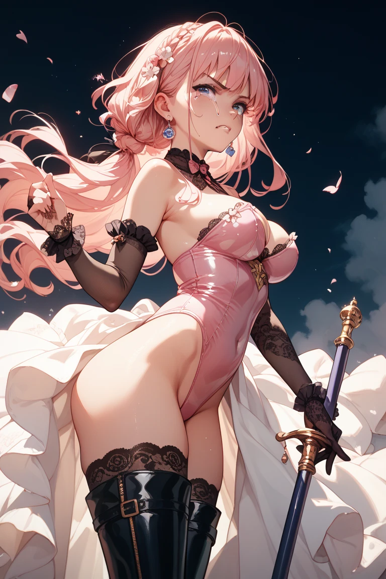 masterpiece, Highest quality,Mei Karuma, Ascot, whip, Holding whip, jewelry, Holding,(KBXLL-san:0.5),absurdres,hires,ultra detailed,1girl,(Squirting from vagina),((vibrator)),full-harness made of rope,saliva,breast, cleavage, pink nipple,pussy juice