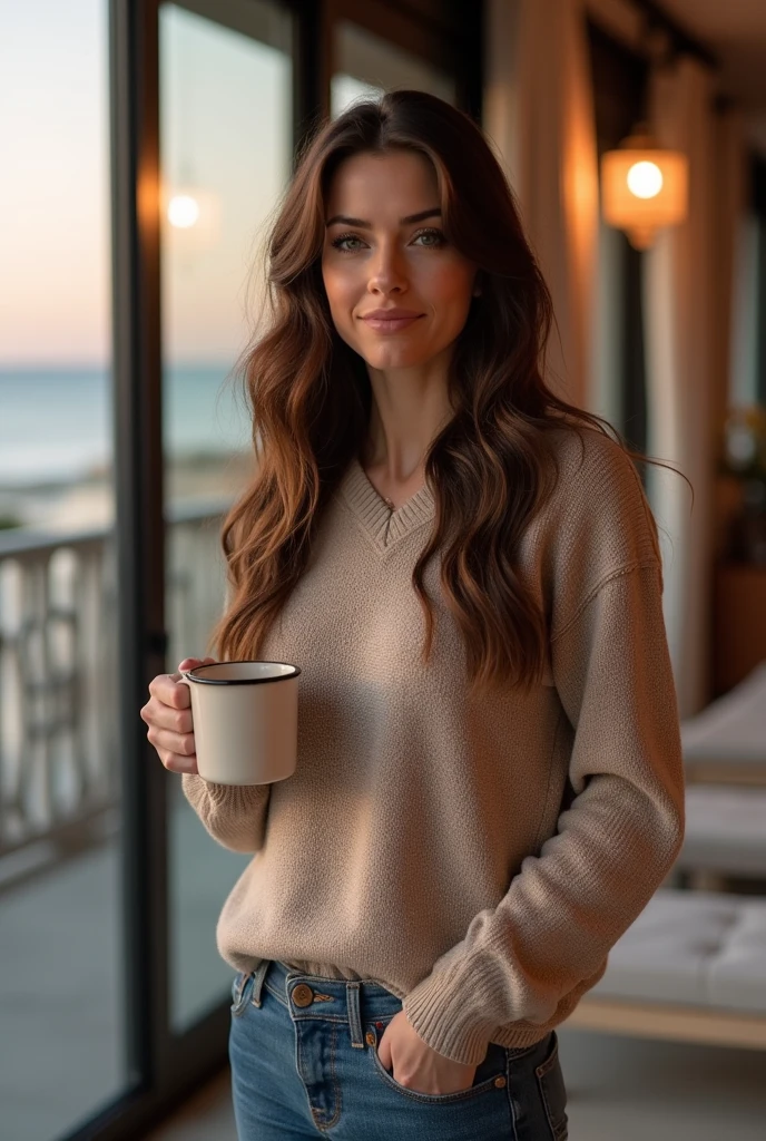 Beautiful RED haired woman with medium chest (seated in a stylish coffee shop. She should be dressed in high-end, luxurious clothing that exudes sophistication and class. The woman should be posed gracefully, and her hands should be concealed under a cozy blanket, hinting at a sense of comfort and relaxation. A cup of coffee should be placed on the table in front of her, adding to the cozy atmosphere. Her gaze should be directed away from the camera, looking into the distance with a thoughtful and contented expression, as if she's enjoying a moment of solitude and reflection. The coffee shop's interior should have a tasteful and upscale decor, and the lighting should be soft and inviting, creating an intimate ambiance. This image should capture the essence of a refined coffee shop experience, where elegance, style, and comfort blend seamlessly into a moment of serene contemplation), Very detailed, 25 age, visage innocent, natural wavy hair, blue eyes, High resolution, Masterpiece, Best quality, Intricate details, highly detailed, sharp focus, detailed skin, realistic skin texture, texture, detailled eyes, professionnel, 4K, sourire charmant, filmed on Canon, 85 mm, shallow depth of fieldp, Couleur Kodak Vision, perfect fit body, Extremely detailed, photographier_\(ultra\), photoreallistic, Realstic, Post-traitement, maximum details, roughness, real life, ultra realist, photorealism, photographie, 8K UHD, photographie, travail, bureau, (HIGH detail FINGERS and HANDS!!)