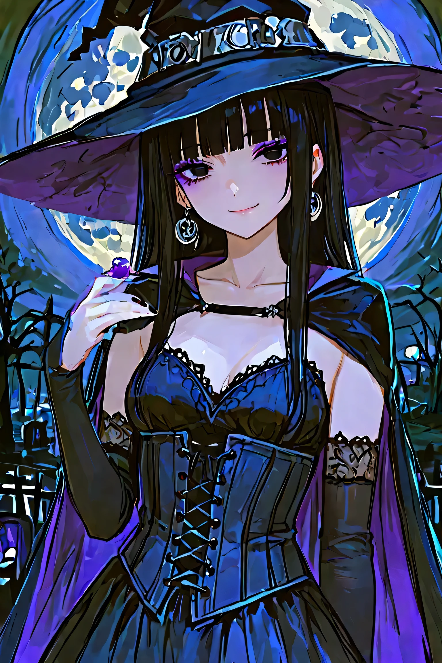 1girl, solo, earrings, jewelry, witch_hat, cape, blunt_bangs, black_eyes, long_hair, moon, smile, black_hair, bangs, looking_at_viewer, elbow_gloves, night, full_moon, collarbone, black_headwear, gloves, dress, corset, closed_mouth, small_breasts, halloween, outdoors, sky, black_gloves, eyebrows_visible_through_hair, sidelocks, black_cape, upper_body, standing, cloak, lace, nail_polish, detached_sleeves, bridal_gauntlets, halloween_costume, purple_cape, witch, hime_cut, black_nails, black_dress, night_sky, mysterious, ominous, graveyard, detailed_background, open_mouth, purple_eyeshadow, best quality, masterpiece