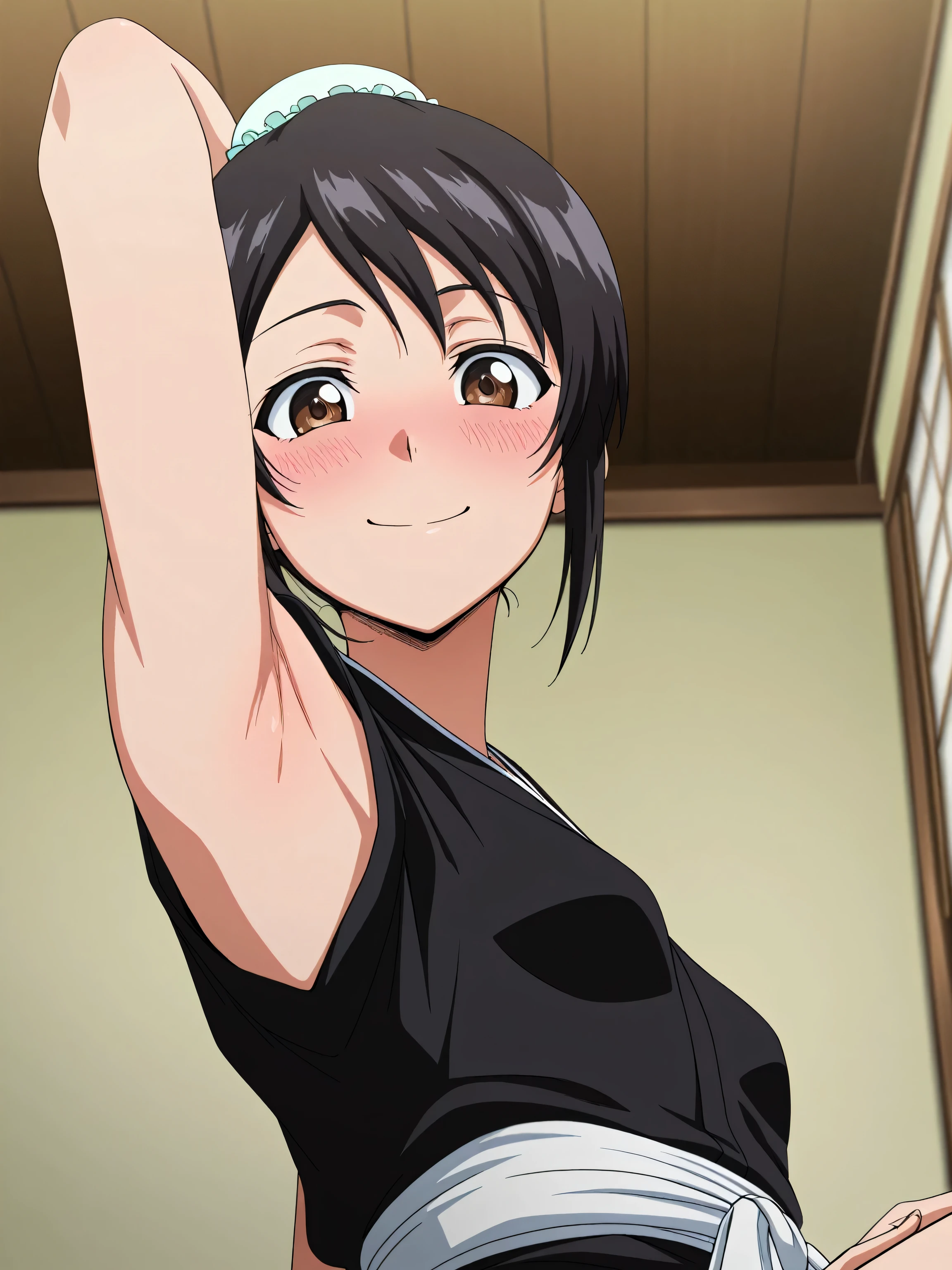masterpiece, best quality, amazing quality, anime screencap, anime coloring, 1girl, solo, momohinamori, black hair, single hair bun, bun cover, brown eyes, small breasts, japanese clothes, black kimono, sleeveless, bare shoulders, bare arms, arm behind head, armpit, head towards viewer, looking at viewer, smile, front light, blush, indoors, from side, from below, on viewer's lap, armpit into viewer's face