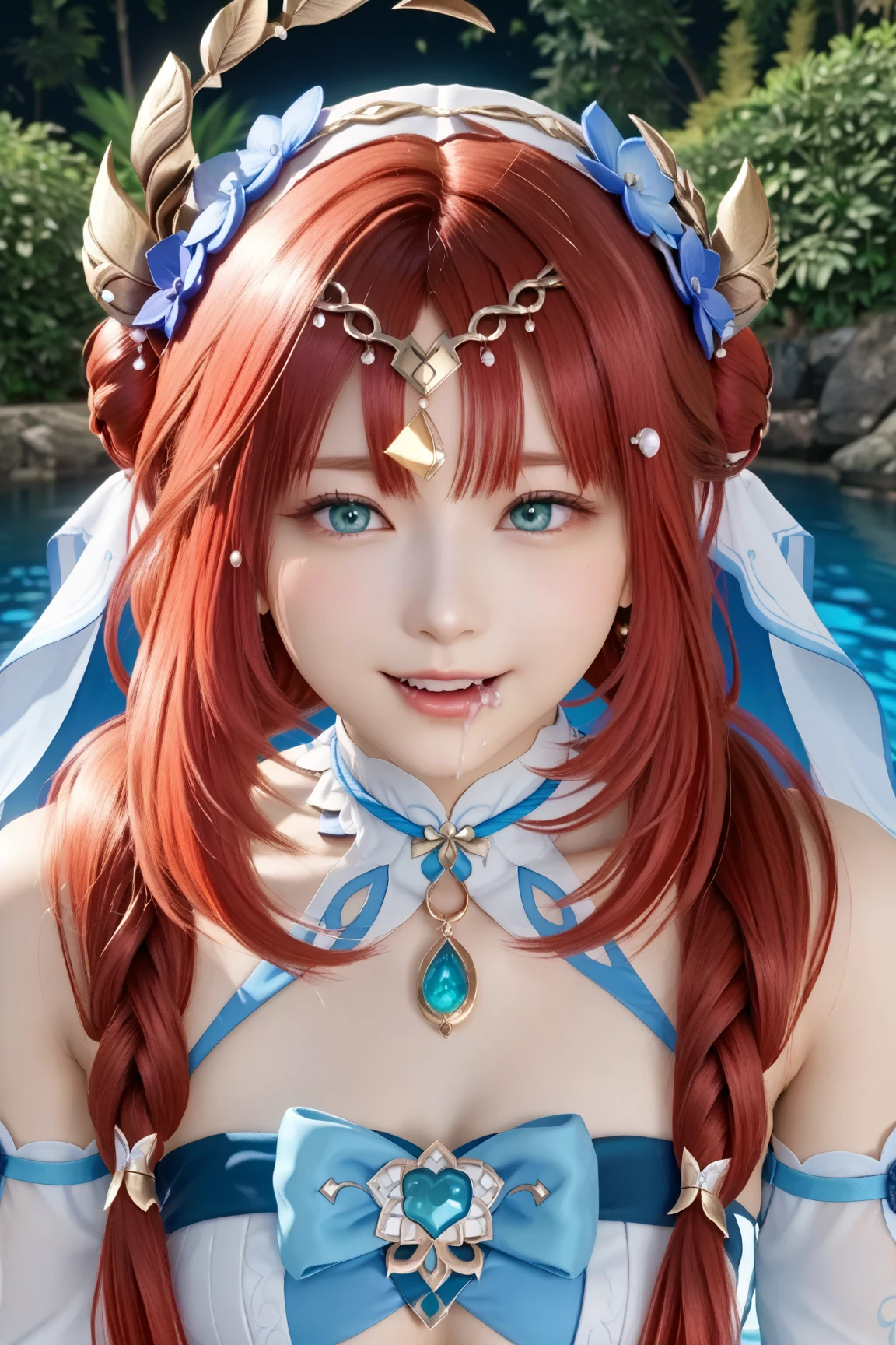<lora:Nilou:0.8> , 1girl, solo, highly detailed background, (photo realistic:1.2), (detailed eyes, detailed hair, detailed face:1.2), green eyes,long red hair gathered in two ponytails, an ornate sea-green dress, gold accessories, a pair of horns, fairy forest background