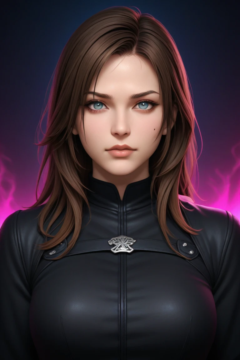 Create the illustration in the digital illustration style inspired by the GTA V loading screens of a young woman who appears to be 1, very dark brown wavy hair, large split to the sides, Very white skin with slightly pink cheeks and light green eyes, wearing leather jacket, Your fatal gaze, Sexy and serious, Her sexy expression, poor lighting. thriller atmosphere. Dark music room background