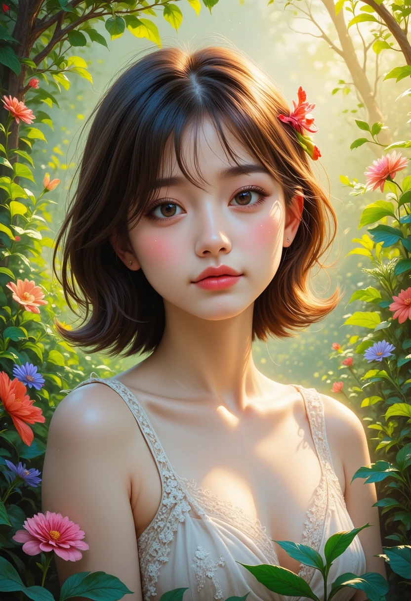 portrait、masterpiece:1.3、one girl、、natural look、very cute、brown hair、short bob、small red earrings、plump lips、no makeup、white t-shirt、focus on the face、最high quality、High resolution、Super detailed、high quality、Detailed details、8k、(((blurred background、white wall、white background、White world、flower illustration、flower illustrationの壁、壁にflower illustration、flower illustrationが描いてある壁、Photo studio:1.5、cinematic lighting、professional photographer)))