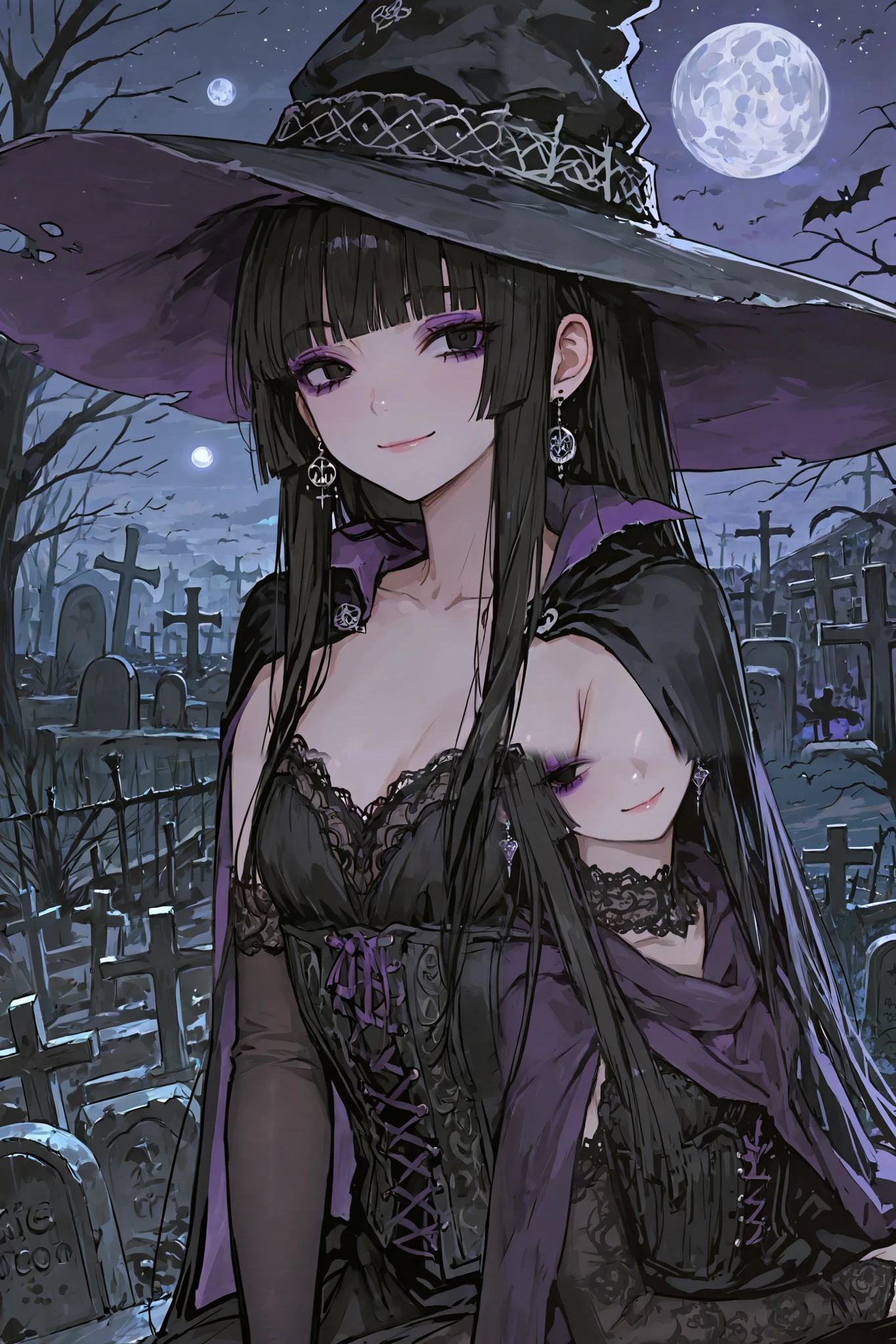 1girl, solo, earrings, jewelry, witch_hat, cape, blunt_bangs, black_eyes, long_hair, moon, smile, black_hair, bangs, looking_to_side, elbow_gloves, night, full_moon, collarbone, black_headwear, gloves, dress, corset, closed_mouth, (small_breasts), halloween, outdoors, sky, black_gloves, eyebrows_visible_through_hair, sidelocks, black_cape, upper_body, sitting, sitting on grave, cloak, lace, nail_polish, detached_sleeves, bridal_gauntlets, halloween_costume, purple_cape, witch, hime_cut, black_nails, black_dress, night_sky, indignant, ominous, graveyard, detailed_background, open_mouth, purple_eyeshadow, eyeliner, best quality, masterpiece, flat chest
