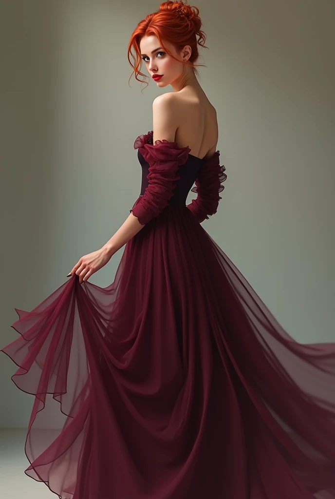 Create a high-resolution image of a sophisticated female model wearing a striking haute couture evening gown that blends modern elegance with classic sophistication. The gown features voluminous, puffed sleeves made of sheer, delicate fabric, adding a dramatic and ethereal flair. It has a plunging deep V-neckline that elegantly accentuates the model's silhouette, creating a bold yet refined look. The skirt of the gown is long and flowing, crafted from layers of luxurious tulle that cascade to the floor, with a high slit on one side, revealing one leg in a sensuous yet graceful manner. The dress showcases a captivating ombré gradient, starting with a deep, rich black at the bodice and transitioning seamlessly into a soft, dusty rose towards the hem, creating a visually stunning effect. The overall design of the dress is a perfect blend of avant-garde fashion and timeless glamour, ideal for a red carpet event or high-fashion runway. The model should stand confidently with an air of elegance and poise, in a luxurious setting with soft, ambient lighting that enhances the intricate details, textures, and the beautiful color transitions of the gown.