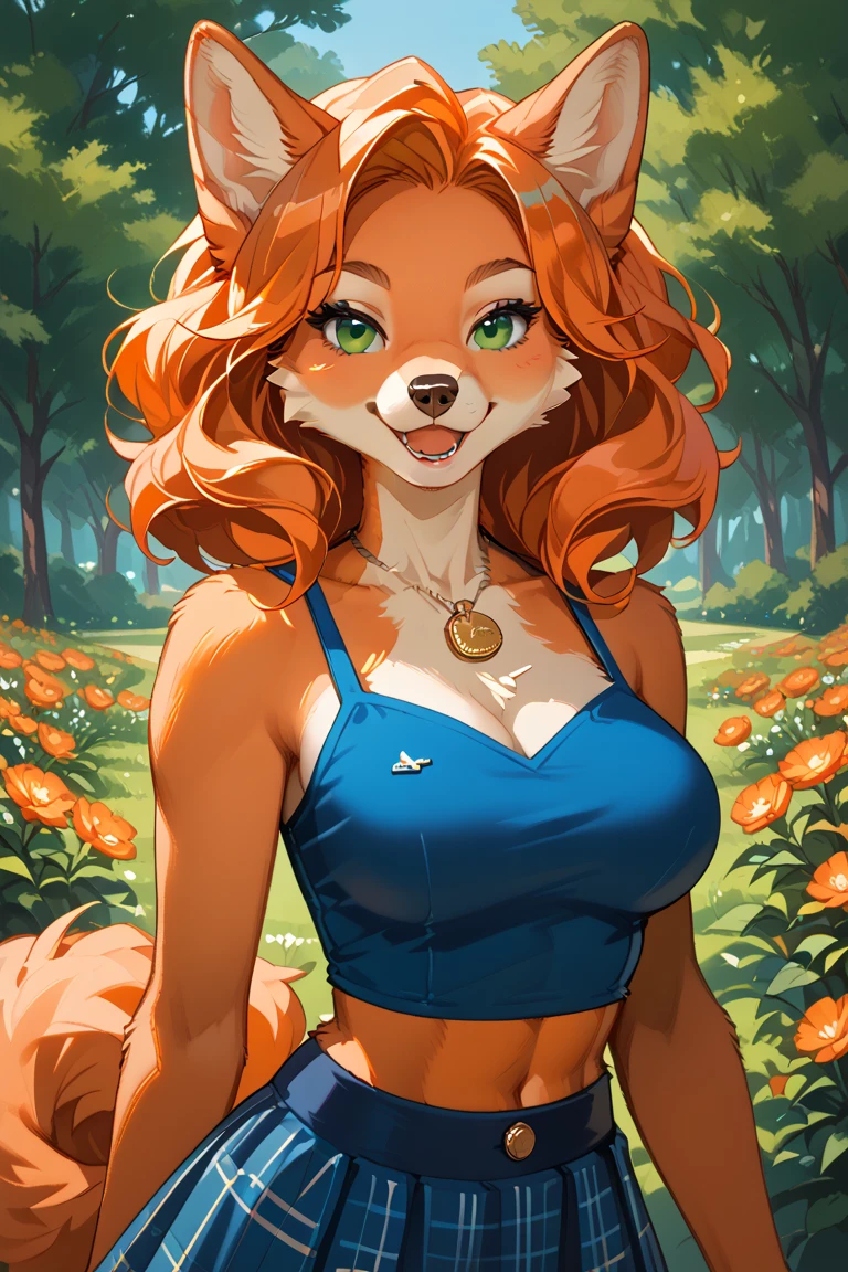 Antro, fox, female, solo, pelo laranja, cabelo loiro longo, peitos medios, bunda media, coxas curvadas, usando roupa de noiva transparente, calcinha e sutia branca rendada, meias altas, segurando buque de flores, olhando sobre o ombro, sorriso envergonhado, fundo jardim florido, cauda deve ser mostrada