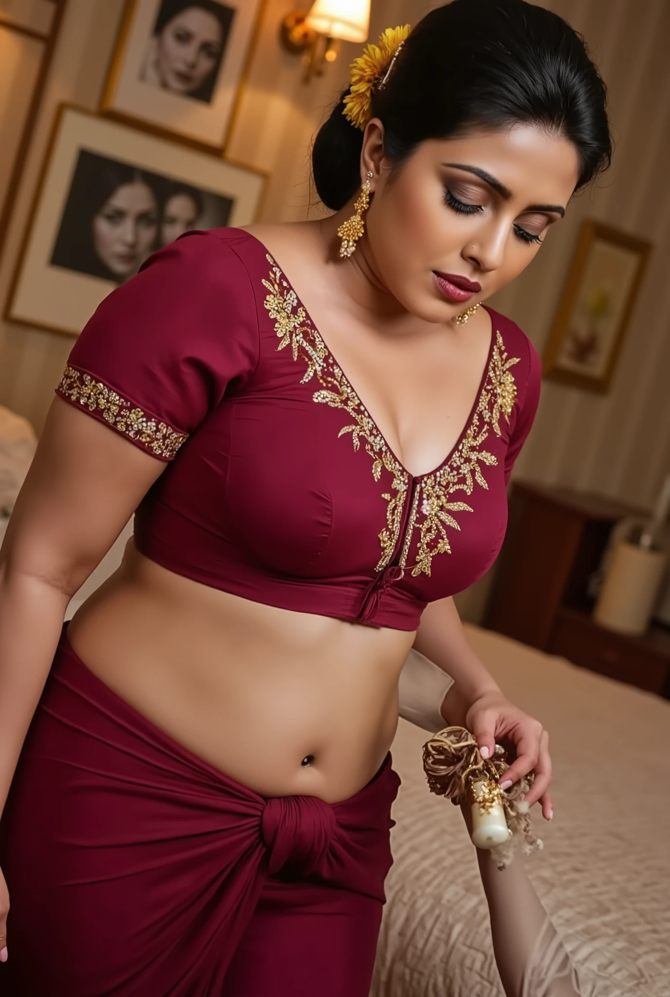(erotic: 3.0), (full-body shot: 2.0), sexy, voluptuous figure, (big D-cup breasts: 1.5), lusty blue eyes, sensual smirk, beautiful full lips, thick black eyeliner, dramatic eyelashes, bridal makeup, dark black hair styled in an ornate bun adorned with fresh flowers, intricate details, 8K photo of a busty woman—bending down gracefully in a luxurious bedroom, wearing a wine-colored designer saree with shimmering gold accents, paired with a matching wine designer blouse, deep neckline revealing her cleavage as she picks up a delicate object from the floor, long fingers adorned with gold bangles glinting in the soft light, looking up at the camera with a provocative, erotic gaze, background featuring a plush bedroom with warm wall lamps casting a golden glow, framed photos hanging on the walls, intricate patterns on the bedspread, and a subtle floral scent in the air.
