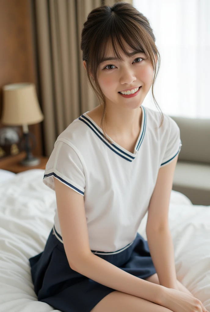 school girl, kanna, (masterpiece:1.2, best quality), (real picture, intricate details), (8k, polished image), big eyes, looking viewer, smile,, :>=,black short hair, (masterpiece:1.2, best quality), (real picture, intricate details), (8k, polished image), cute girl, (masterpiece), best quality, short cut, delicate details, Japanese school wear, face zoom up, dreamy eyes,open legs, gentle smile, upstairs, lying, futon, on back,summer schoolwear, wakeup, from side shot, jumping,