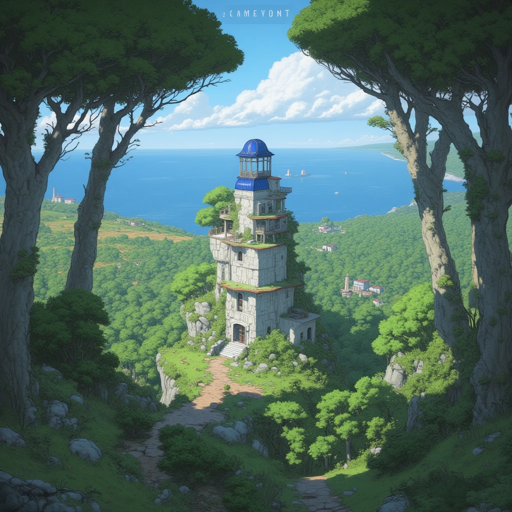  A viewpoint. A Genshin Impact style vigil base. very high. Among the tall trees to the south. Among tall trees. An observatory. Countless vineyards. Olive top. About 25 meters high. Estilo genshin impact. BLUE ceiling. gray base. Inside a leaf on an island. sea in the distance
