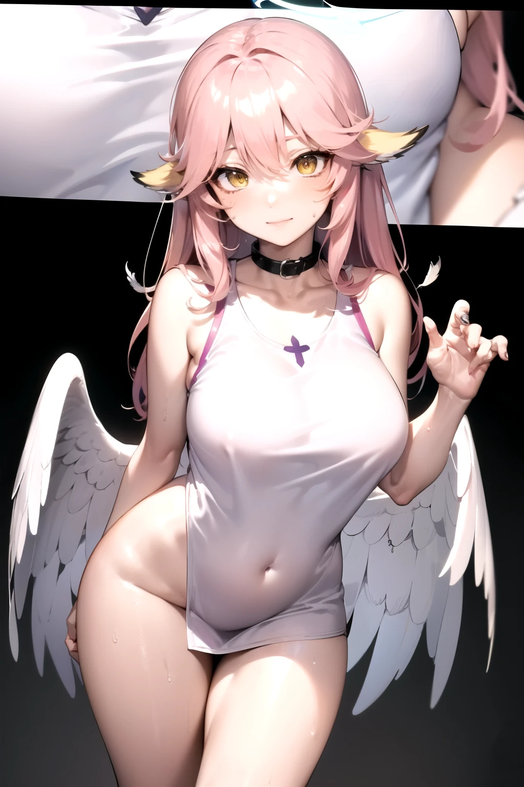 1girl, jibril \(no game no life\), angel, angel wings, animal ears, fully nude, pregnant, showing clitoris, asymmetrical legwear, bird ears, breasts, bridal gauntlets, compass rose halo, feathered wings, halo, large breasts, long hair, looking at viewer, low wings, midriff, mismatched legwear, multicolored eyes, pink hair, purple eyes, solo, white wings, wing ears, wings, yellow eyes, solo,standing_split, standing giving birth to black anaconda phallus futa (Giving birth to DeathAdder black snake out of her pussy), hospital room, extreme wide shot, (Fully nude :1.4), (no panties) (showing clit pussy between legs) (Semen Liquid Dripping out of pussy : 1.3) masterpiece, best quality,