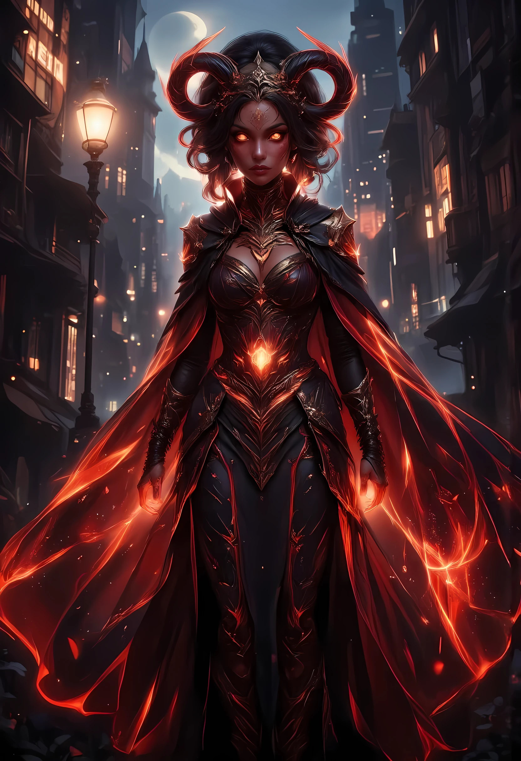 masterpiece, absurdres, incredibly absurdres, best quality, comic art, fantasy art, a portrait of a mysterious demoness standing under the streetlamp lit by soft starlight, in the big city, a beautiful demoness, elegant demoness, red skin, serpentine black eyes, horns,  dynamic hair color, dynamic hair style, wearing intricate black leather dress, billowing in the wind, flowing white cloak, high heels, standing in steampunk city at night, goth buildings, moon in the sky, 16k, [ultra detailed], masterpiece, best quality, (ultra detailed), full body, ultra wide shot, zavy-ctcmcs, aidmaDarkfantasy, glowing,ember, invert color