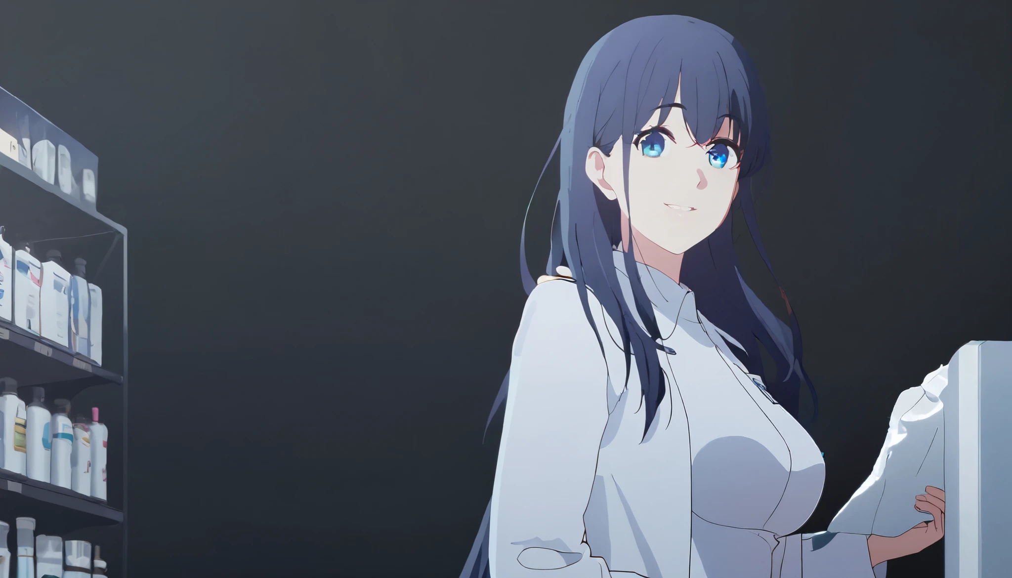masterpiece, best quality, solo, 1girl, mature, dark blue hair, long hair, cerulean blue eye, medium breast, white pharmacist coat, standing, looking at viewer, chill, smiling, black background only