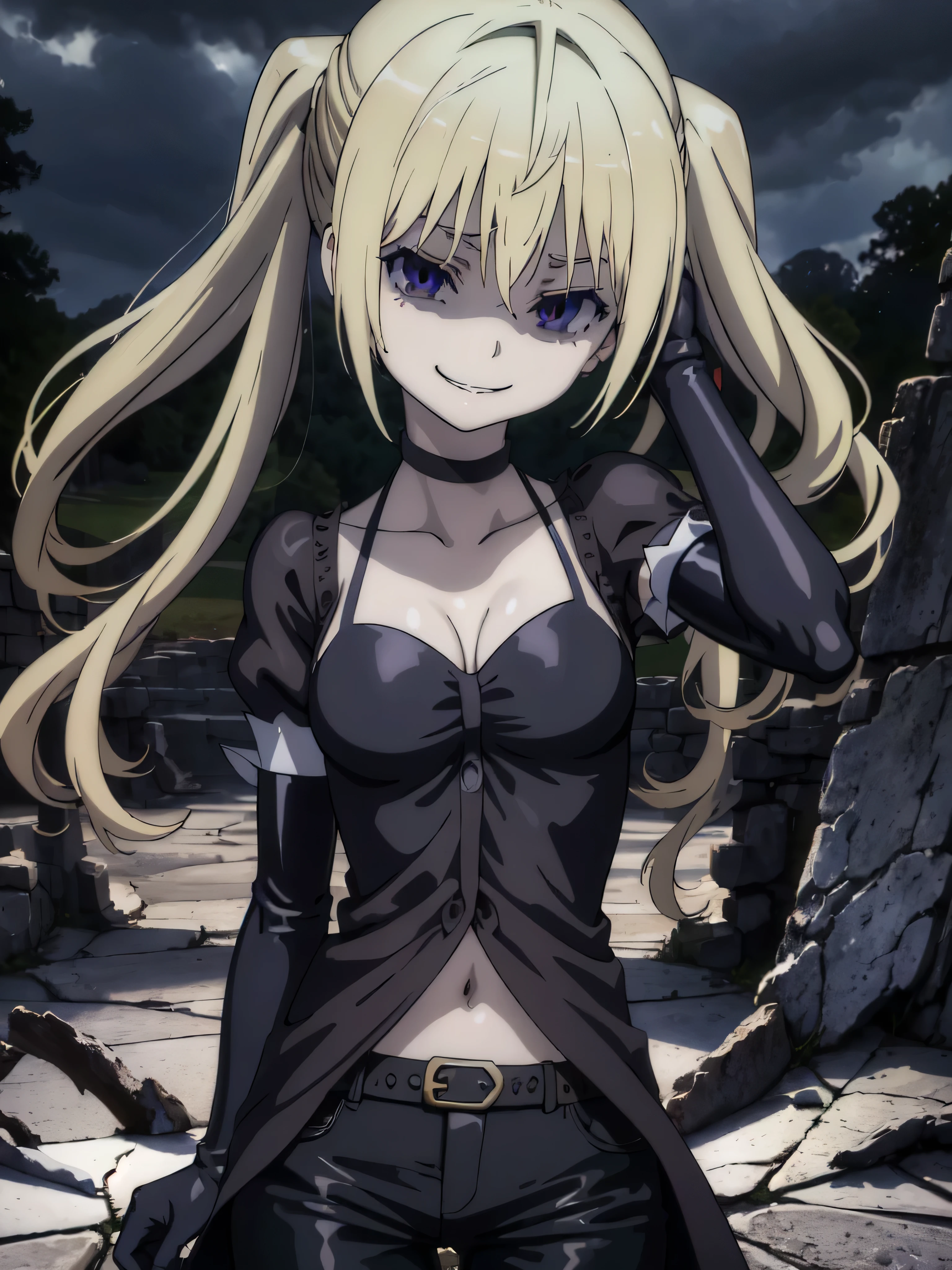 (masterpiece, best quality), 1girl, lieselotte sherlock,high quality, extremely detailed, perfect face,(dark and stormy skies, lightning)(masterpiece:1.0),(Highest_quality:1.0), 超High resolution,4k,Super detailed, photo shoot, 8K, HDR, High resolution, disorganized:1.2, twintail,grin,looking at the viewer,latex,elbow gloves,,, ,official art,short pants,(beautiful_face:1.5),(narrow_waist),,Highly detailed CG Unity 8K wallpaper, perfect lighting,seductiv a smile,