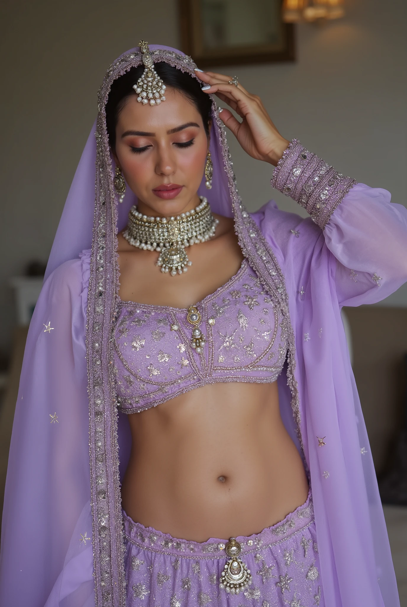 (masterpiece, best quality:1.2), She is draped in a low waist light purple with delicate gold embroidery, giving her an ethereal, moonlit glow. Her light purple veil barely grazes her bare stomach, fully exposing her deep navel and slim waistline. A pearl-studded matha patti with a crescent moon pendant adorns her forehead, and long pearl strands drape over her head. A thin pearl waist chain (kamarbandh) rests against her smooth stomach, accentuating her curves as she leans forward, adjusting her veil, looking at the camera