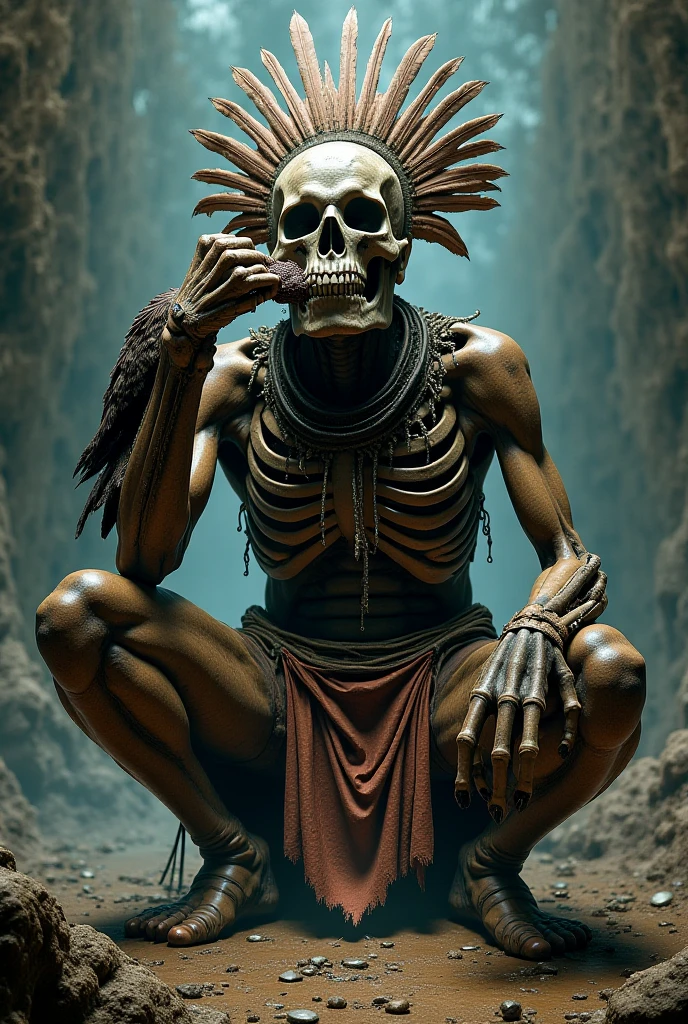 Death personified in an indigenous Tupinambá ritual in a realistic and futuristic sculpture on a beach in the future of Rio de Janeiro. Brazil, futuro, cyborgue in digena, shaman
