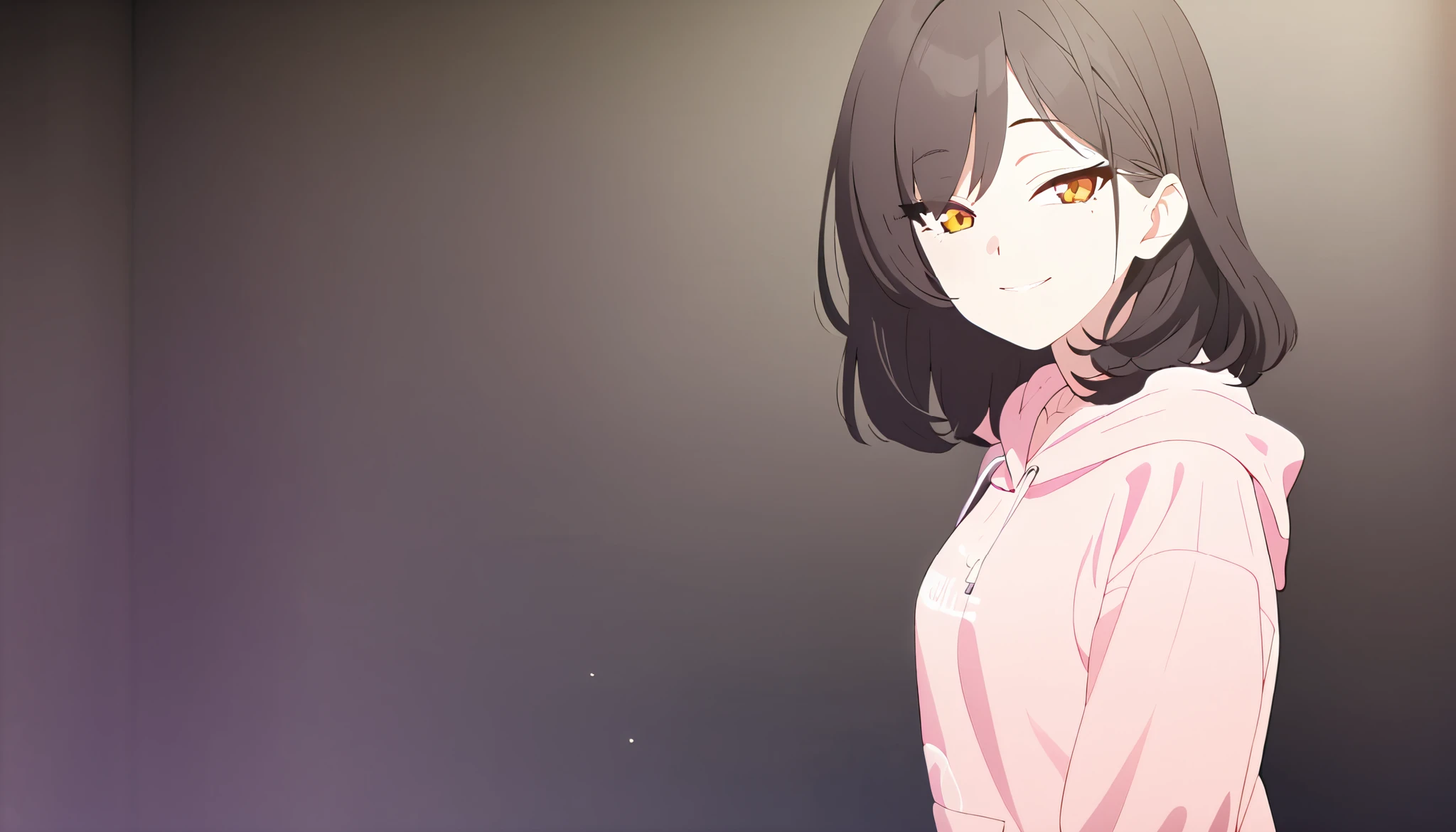 masterpiece, best quality, solo, 1girl, mature, dark brown hair, medium hair to shoulder, wavy straight hair, orange eye, small breast, pastel pink hoodie, standing, looking at viewer, chill, smiling, black background only