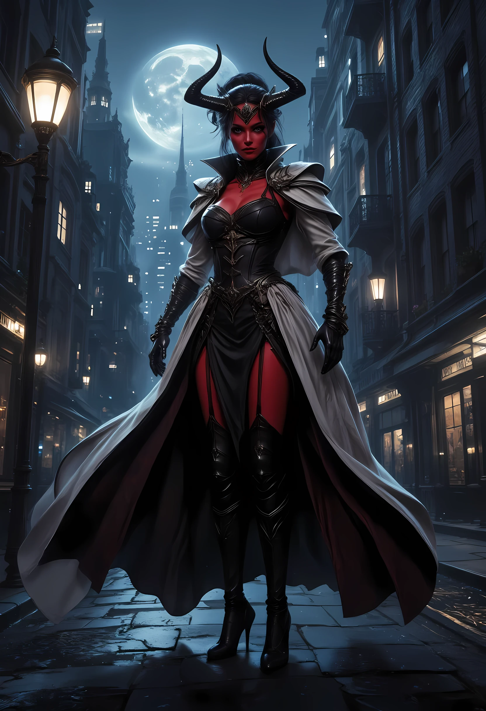 masterpiece, absurdres, incredibly absurdres, best quality, comic art, fantasy art, a portrait of a mysterious demoness standing under the streetlamp lit by soft starlight, in the big city, a beautiful demoness, elegant demoness, red skin, serpentine black eyes, horns,  dynamic hair color, dynamic hair style, wearing intricate black leather dress, billowing in the wind, flowing white cloak, high heels, standing in steampunk city at night, goth buildings, moon in the sky, 16k, [ultra detailed], masterpiece, best quality, (ultra detailed), full body, ultra wide shot, zavy-ctcmcs, aidmaDarkfantasy, glowing, hyp3rd3tail style