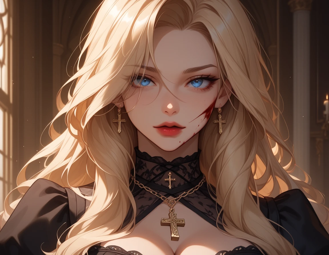 Arafed, dark fantasy art, glamour shot, award winning shot, photorealistic, a portrait of a female vampire drinking a ((glass of blood)), blond hair, dynamic hair style , long hair, red lips, (glowing eyes: 1.5), dynamic eye color, dynamic color, she wears, an elegant (black dress: 1.5), catholic church and altar background, bar background, 16k, ultra detailed, masterpiece, best quality, (extremely detailed), rpg portrait, art by mooncryptowow, photograph, FFROA