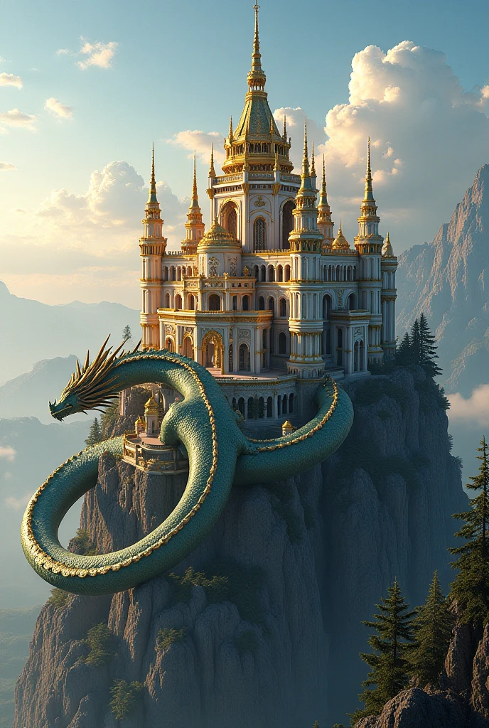 golden dragon, old, (intense details, dnd art, masterpiece), intense blue eyes, small horns, standing near a fantasy castle and lake, backlight, clouds, in the background, serious, realism, high detail, depth of field, cinematic lighting, reflection light, drop shadow, atmospheric perspective, Op art, UHD, masterpiece, high quality, high detail