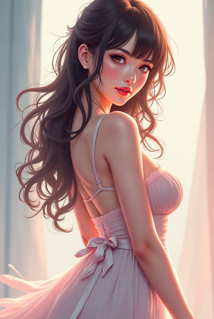 Sexy and cute woman, woman in love, black hair braided, very seductive and soft eyes, blushing hard, pink lips parted, seductive smile, long neck, collarbone, medium chest, cleavage, off shoulder t shirt, bare shoulders