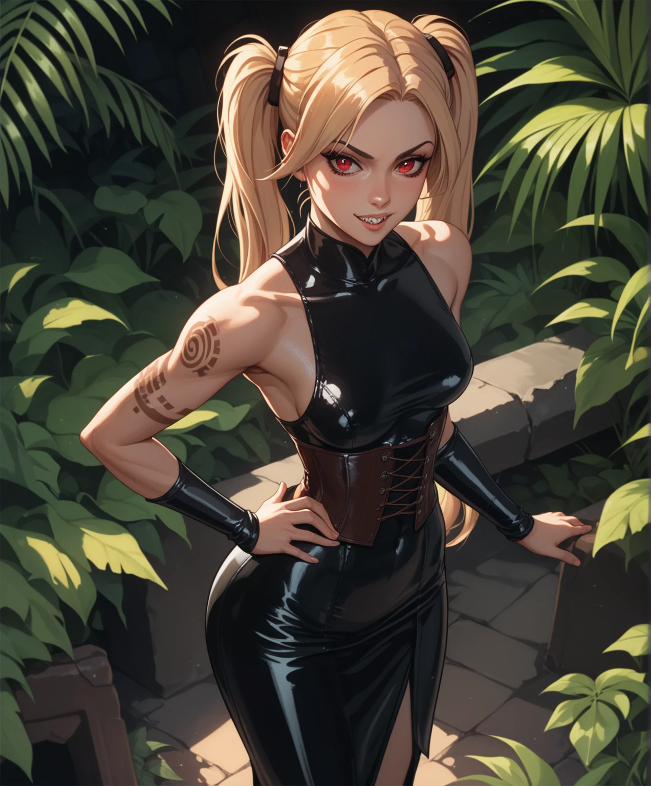 (masterpiece, premium quality: 1.2), alone, strong, 1girl (magik), long blonde hair with bangs, green eyes, squatting with arms up, armpit, sexy superhero costune