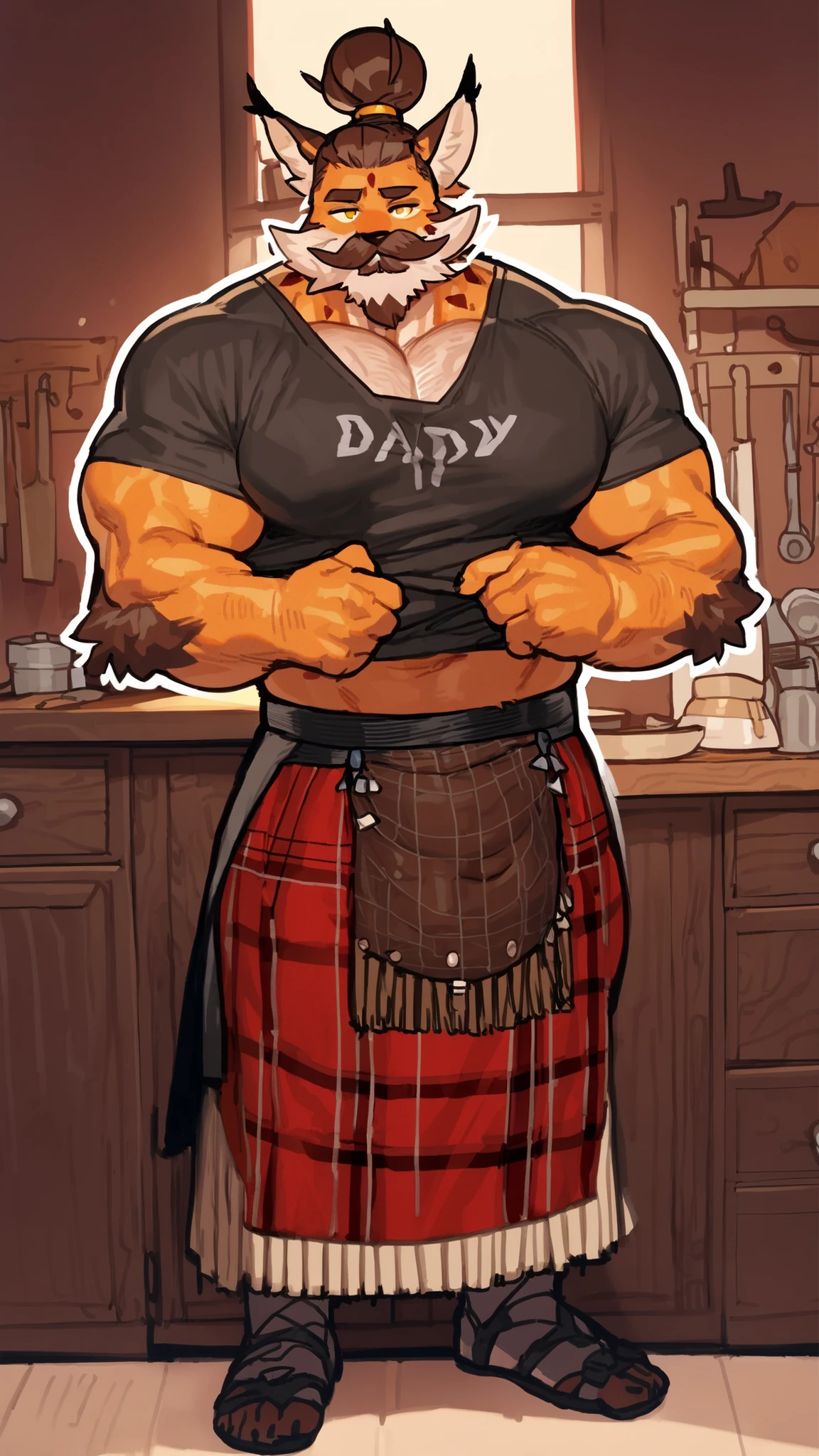 bara lynx, daddy, full body, lean body, deep v cut, strong physique, very muscular, perfect anatomy, masterpiece, dark orange fur, yellow eyes, sweet eyes, light brown hair, ((thick Chevron mustache, half up half down man bun, wearing a black thight deep v neck t-shirt accentuating his muscular pecs , wearing a long kilt in a red scottish tartan fabric, peaceful face, very detailed face, very detailed face hair, very detailed mustache):1.2), hairy pectorals, solo, great lighting, by bebebebe, by ZIXiong, by zackary911, by SligarTheTiger, by RED8EAN, soft colors, white outline solo, bulge, relaxed expression, huge navel hair, very detailed face, detailed face expression, cabinetmaker, working in his workshop, wood chunks on the ground