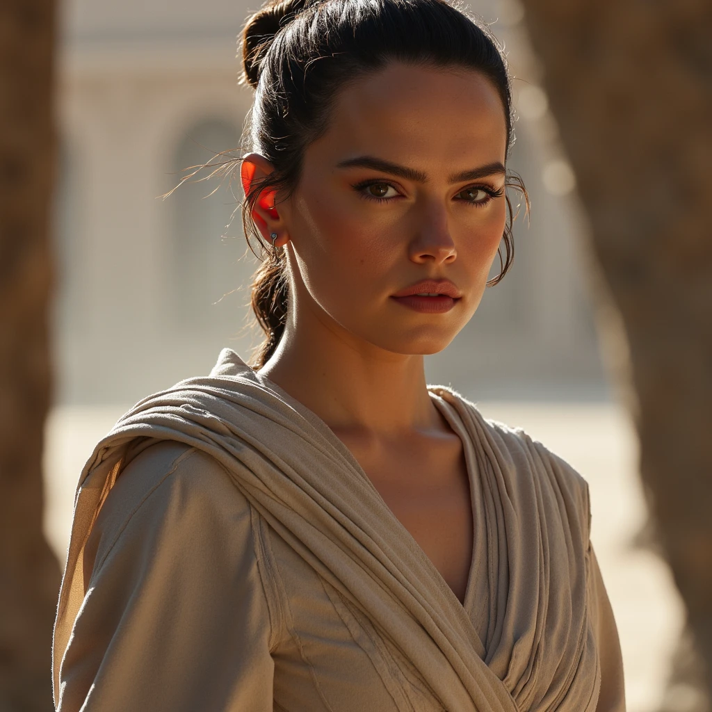 Uma foto realista de Rey, de Star Wars: The Rise of Skywalker, segurando um sabre de luz amarelo em uma pose heroica. She is dressed in brown leather clothes and high boots. The background is a barren desert landscape with an orange sky at sunset. O sabre de luz de Rey emite uma luz brilhante que ilumina seu rosto. She wears a necklace with a silver cross around her neck.. O vento sopra em seus cabelos e roupas. The scene is full of action and drama. Estilo: Realista, com detalhes precisos e cores vibrantes. Inspirado na arte conceitual de Star Wars. Com um toque de humor e personalidade.