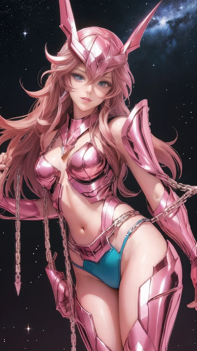 masterpiece, best quality, 超high resolution, Lifelike skin texture, armature, lifelike, high resolution, original photo, shiny skin, Lifelike skin texture, best lighting, spark, dramatic lighting, dynamic poses, starry sky background, night sky, universe, Milky Way, 1 girl, Balanced eyes, Andromeda Shun, pink armor, chest, split, Red hair, Pink helmet, Blue eyes, looking at the audience, Big breasts, faint smile, chain,exposed