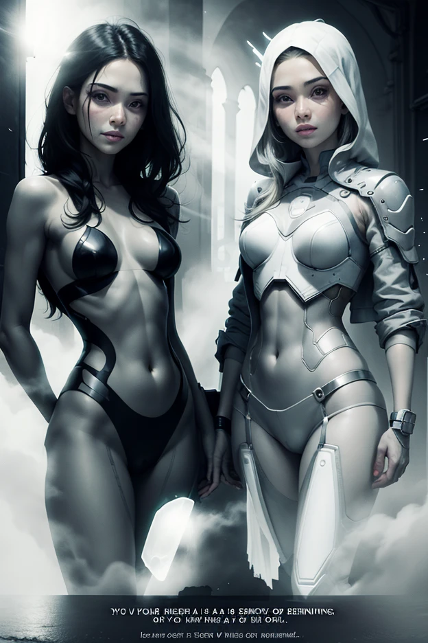 Anime style, 2 woman body in a lab, extreme white long hair, robot one hand and one foot, the rest of the body is undressed, muscular, HD, dark background, she needs to look older