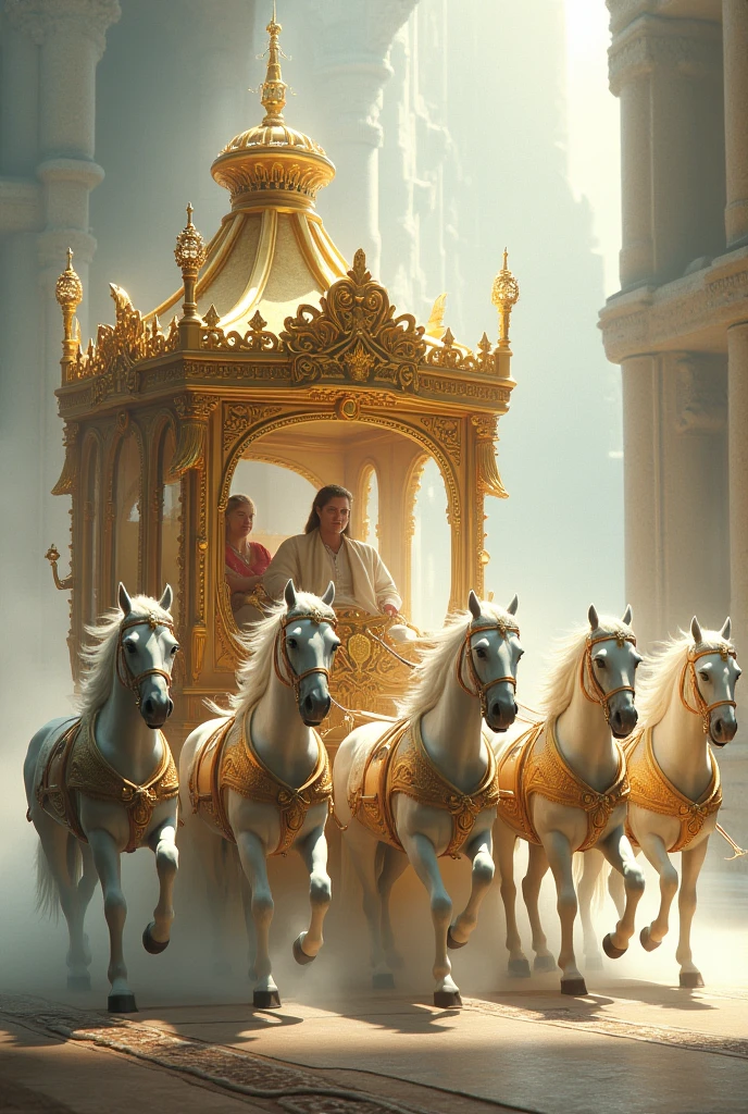 A young skinny prince white skin handsome handsome shirtless in a Roman carriage with 4 horses in the desert