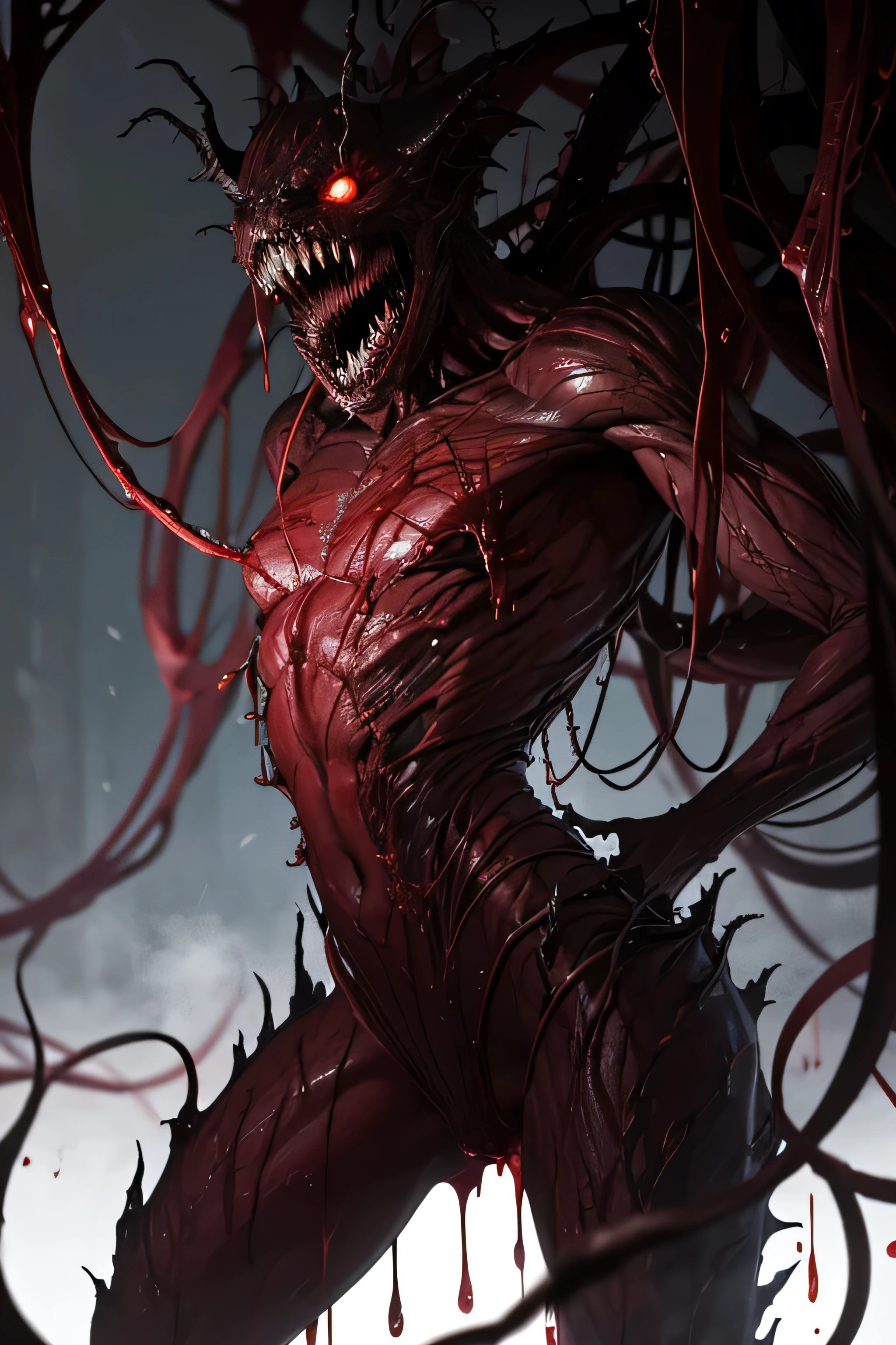 A terrifying CGI beast with a grotesque, gaping maw full of razor-sharp teeth and bloody, dripping insides. Its body is a tangled mess of dark, slimy tendrils, with red, glistening gore oozing from its exposed innards. The background is a foggy, industrial setting with blurred, metallic structures. The lighting is dim and moody, cranking up the creepy vibe. The whole scene is intense and disturbing, with a realistic horror style. the body structure is humanoid