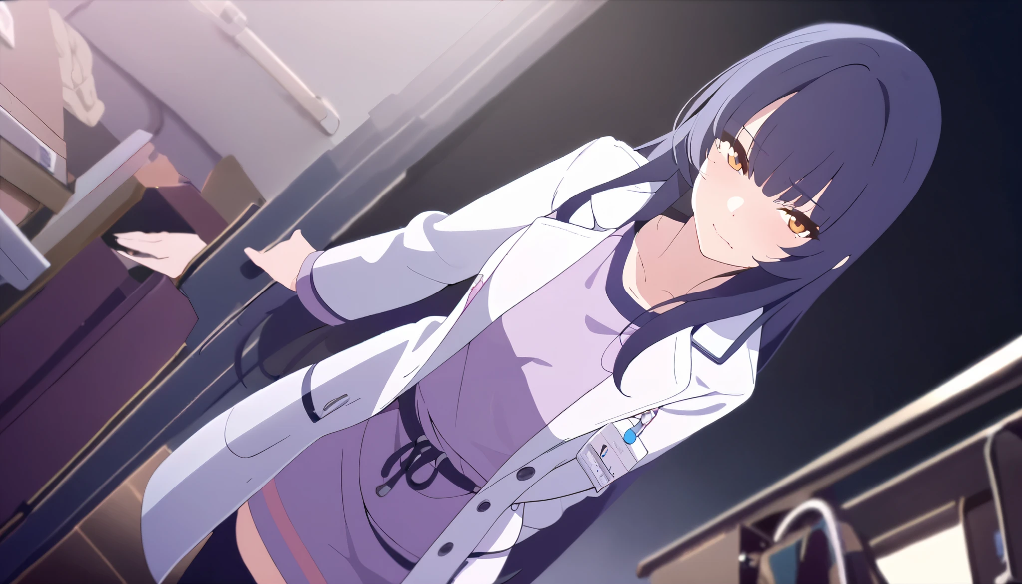 masterpiece, best quality, solo, 1girl, mature, dark blue hair, long hair, orange eye, medium breast, pastel purple operation room outfit, white pharmacist coat, standing, looking at viewer, shy but confident, faint smile, black background only