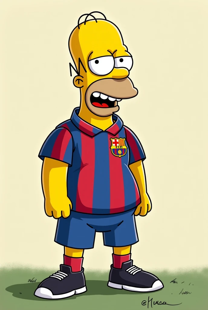 Homer Simpson with shorts that say the blue and white cobra without a shirt and holding Messi's jersey in Barcelona