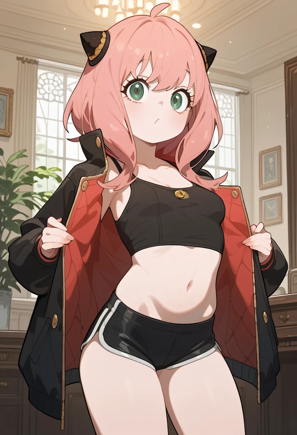 alone, interior, , (to_OF), toOF Forger, female character from the anime "Spy x Family", toOF, pink hair, shorty, with short blouse , short micropants , small breasted, breasts out,, huge jacket, big and delicious, thick legs, Confirmed face , pose de sexy