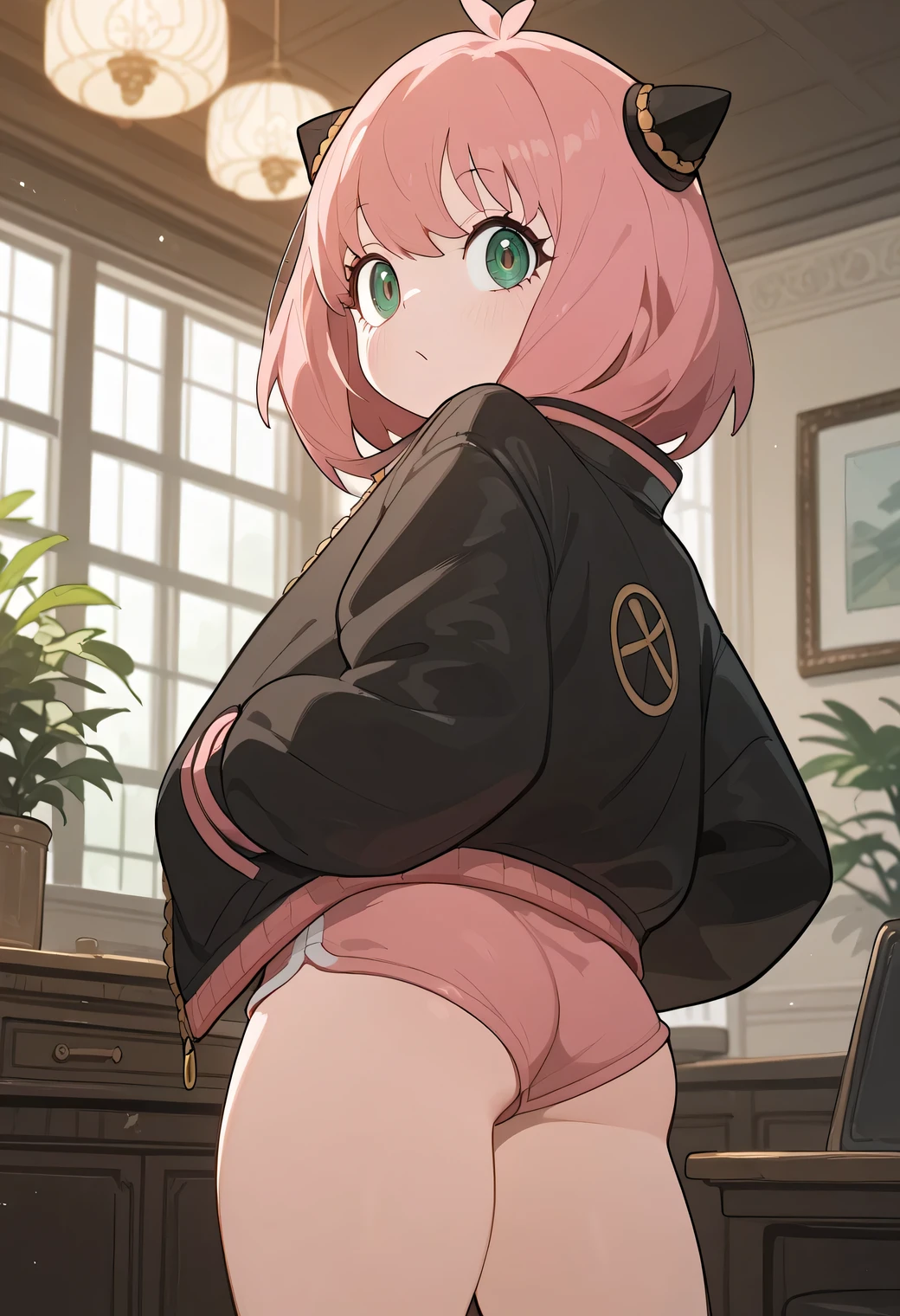 alone, interior, , (to_OF), toOF Forger, female character from the anime "Spy x Family", toOF, pink hair, shorty, with short blouse , short micropants , small breasted,, big ass, huge jacket, big and delicious, thick legs, Confirmed face , pose de sexy, from front, front