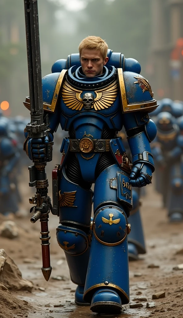 warhammer 40k, Ultramarine Space marine helmet off (grim, battle scarred) standing next to a 'Rhino' combat tank (battle scarred, glamour shot from low angle, Windy  desert daytime