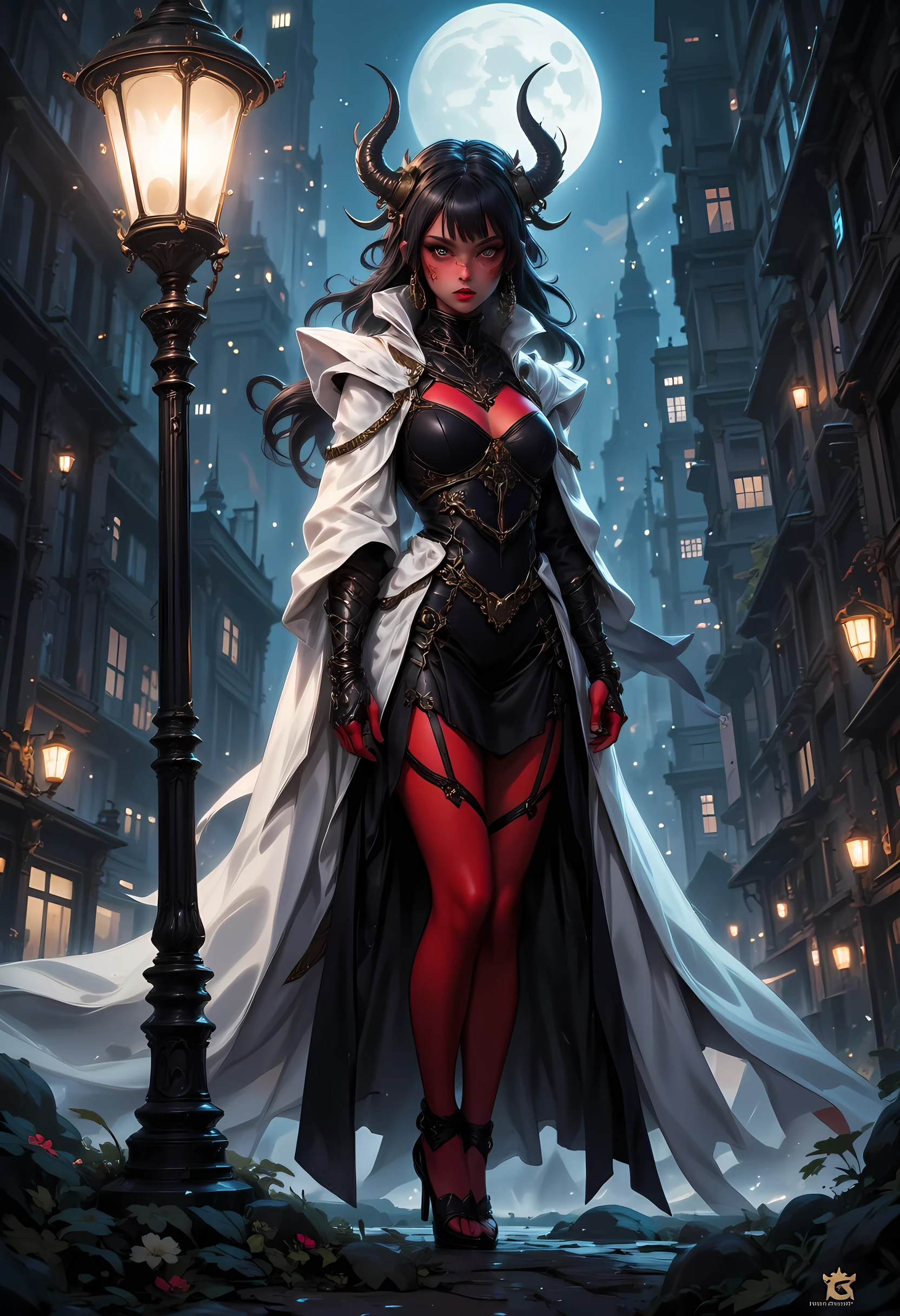 masterpiece, absurdres, incredibly absurdres, best quality, comic art, fantasy art, a portrait of a mysterious demoness standing under the streetlamp lit by soft starlight, in the big city, a beautiful demoness, elegant demoness, red skin, serpentine black eyes, horns,  dynamic hair color, dynamic hair style, wearing intricate black leather dress, billowing in the wind, flowing white cloak, high heels, standing in steampunk city at night, goth buildings, moon in the sky, 16k, [ultra detailed], masterpiece, best quality, (ultra detailed), full body, ultra wide shot, zavy-ctcmcs, aidmaDarkfantasy, glowing, hyp3rd3tail style