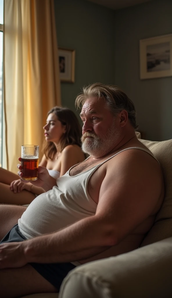 (((2heads))), solo, ((((david harbour)))), middle aged, male, short graying hair, ((obese, overweight, fat, chubby, heavy, dadbod)), ((shirtless, briefs)), navel, body hair, dreamy atmosphere, dark cyan and red, i can't believe how beautiful this is, serene atmosphere, epic realistic, soft cinematic light, hdr, intricate, highly detailed, (depth of field:1.4), faded, (neutral colors:1.2), (hdr:1.4), (muted colors:1.2), hyperdetailed, (artstation:1.4), cinematic, dramatic light, (intricate details:1.1), dim room scenery, (rutkowski:0.66), (intricate details) (skin texture:1.2), detailed expressions, natural pose, sitting on recliner
