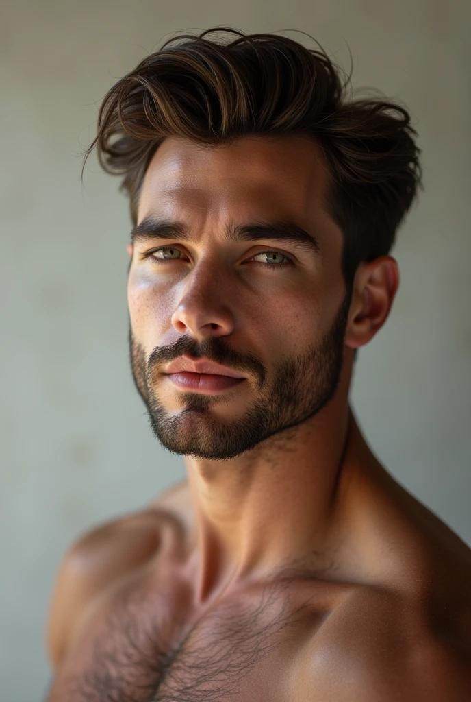 Young man of 30 years old, very muscular, incredibly handsome with green eyes. Mister Supranational, lying face up on a bed with his bare torso looking seductively at the camera, marked abs, perfect six pack, Caucasian features, short brown hair, modern cut, perfectly shaved beard, mouth with sensual lips, little hair on his pectorals, frontal daylight that highlights his muscles, realistic photo, shot from a side angle...