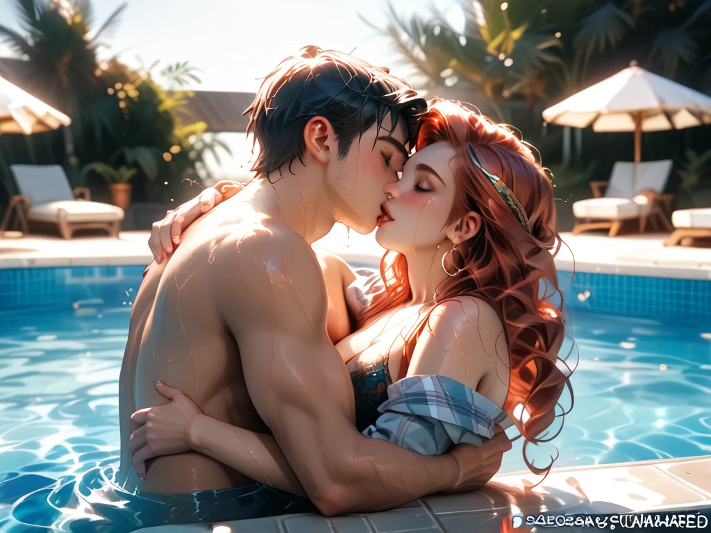 (high quality), (realistic photo) Man and woman kissing at night in a pool. Neon colored water rain --auto --s2