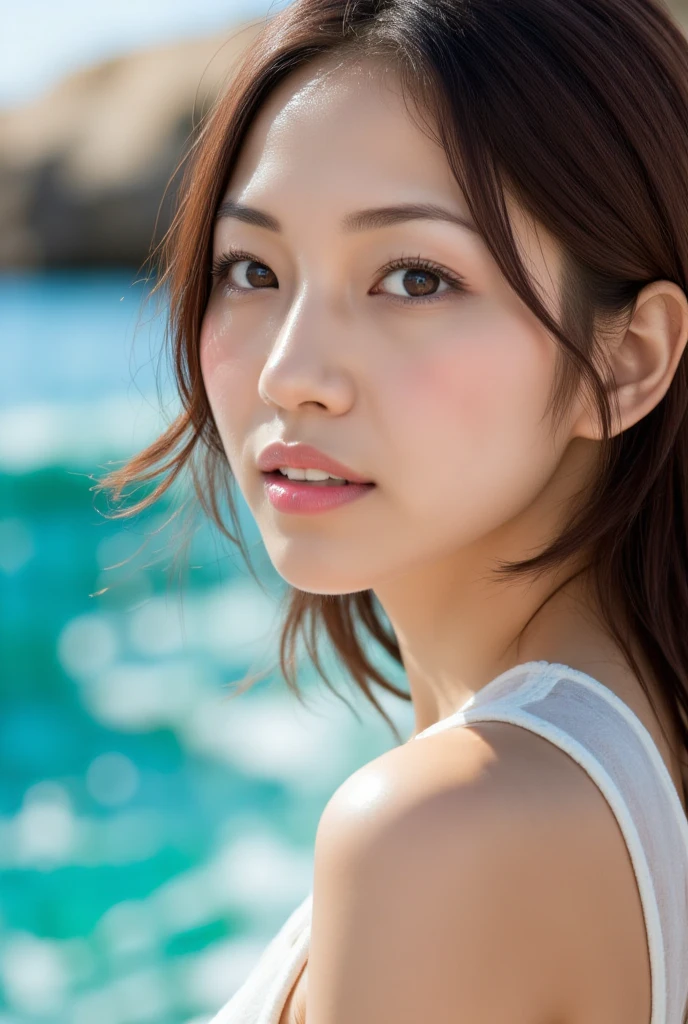 Extremely realistic，The most beautiful woman here，sea beach，4086kbit，extreme hight detail，True skin texture，Yua Mikami，，Yui Aragaki，Mitami Hamabe，Rei Honjo，Yu Namiki，Yu Shinoda，upperbody closeup