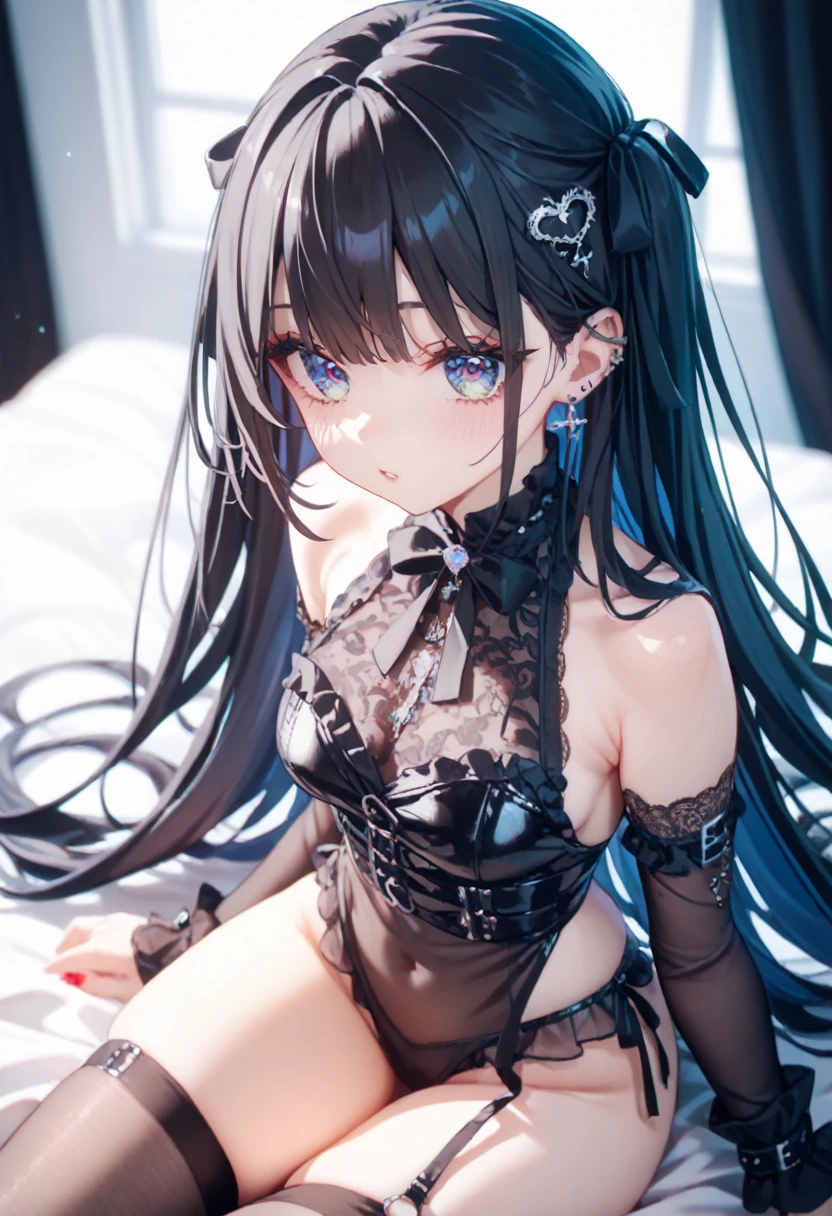 1girl, beautiful detailed red eyes, beautiful detailed lips, extremely detailed face and eyes, short blue hair twintail, small breasts, flat chest, slender thighs, thin waist, black corset, exposed naval, thigh high socks, black choker, black thong, kneeling down, on knees, mini cropped fuzzy sweater, fur collar, indoors, masterpiece, 8k, ultra-detailed, vivid colors, studio lighting