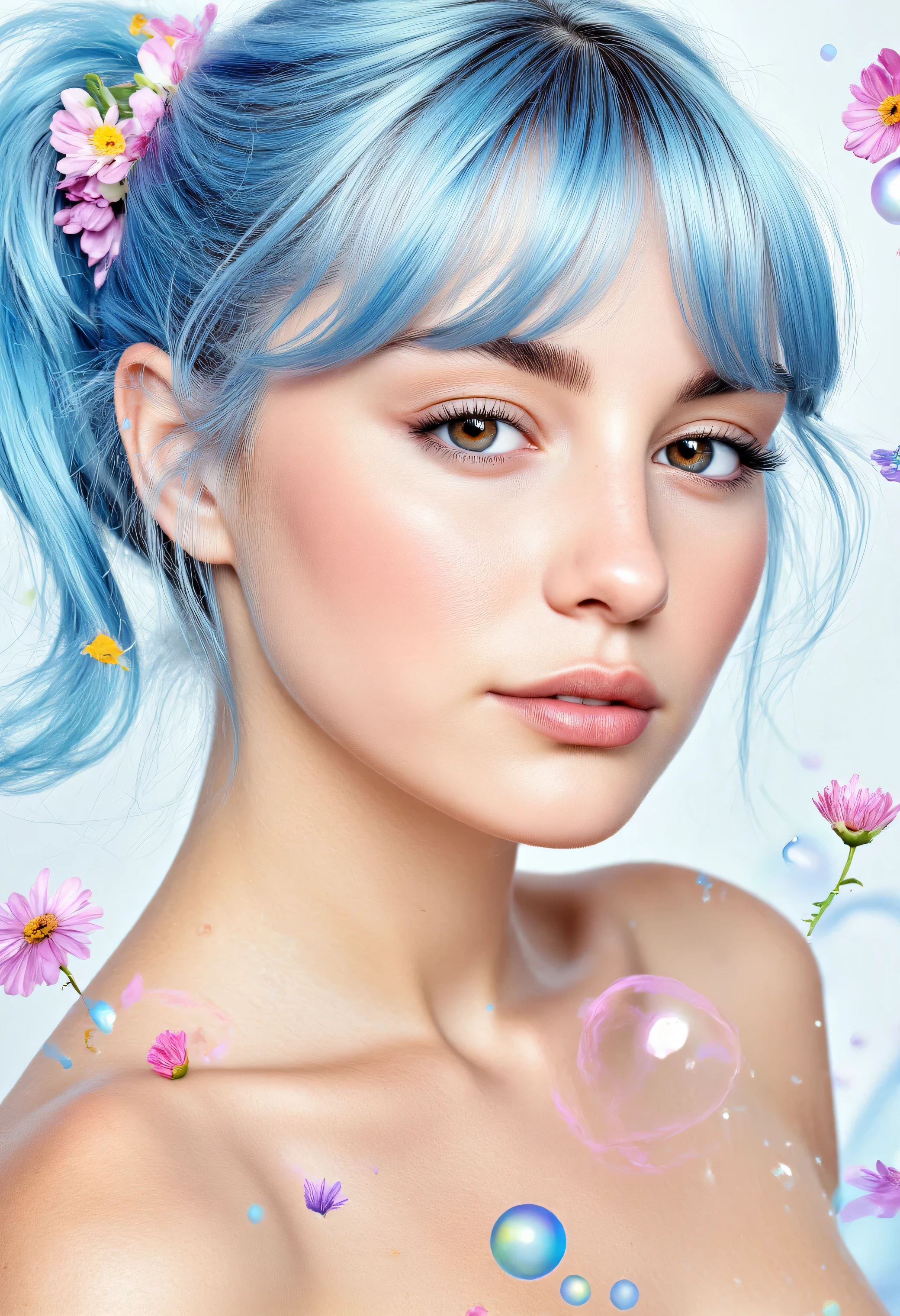 (masterpiece), (best quality), (ultra detailed),(disheveled hair),(illustration), (1girl), (Fashionable clothing), standing, Fashion model, looking at viewer, (interview), (simple background),beautiful detailed eyes, delicate beautiful face, Floating,(high saturation),(colorful splashes),colorful bubble,(shining), focus on face, ponytail, kamisato ayaka, light blue hair, bangs, hair ring, floating flowers, floating hairs, (shining), best lighting, best shadow,