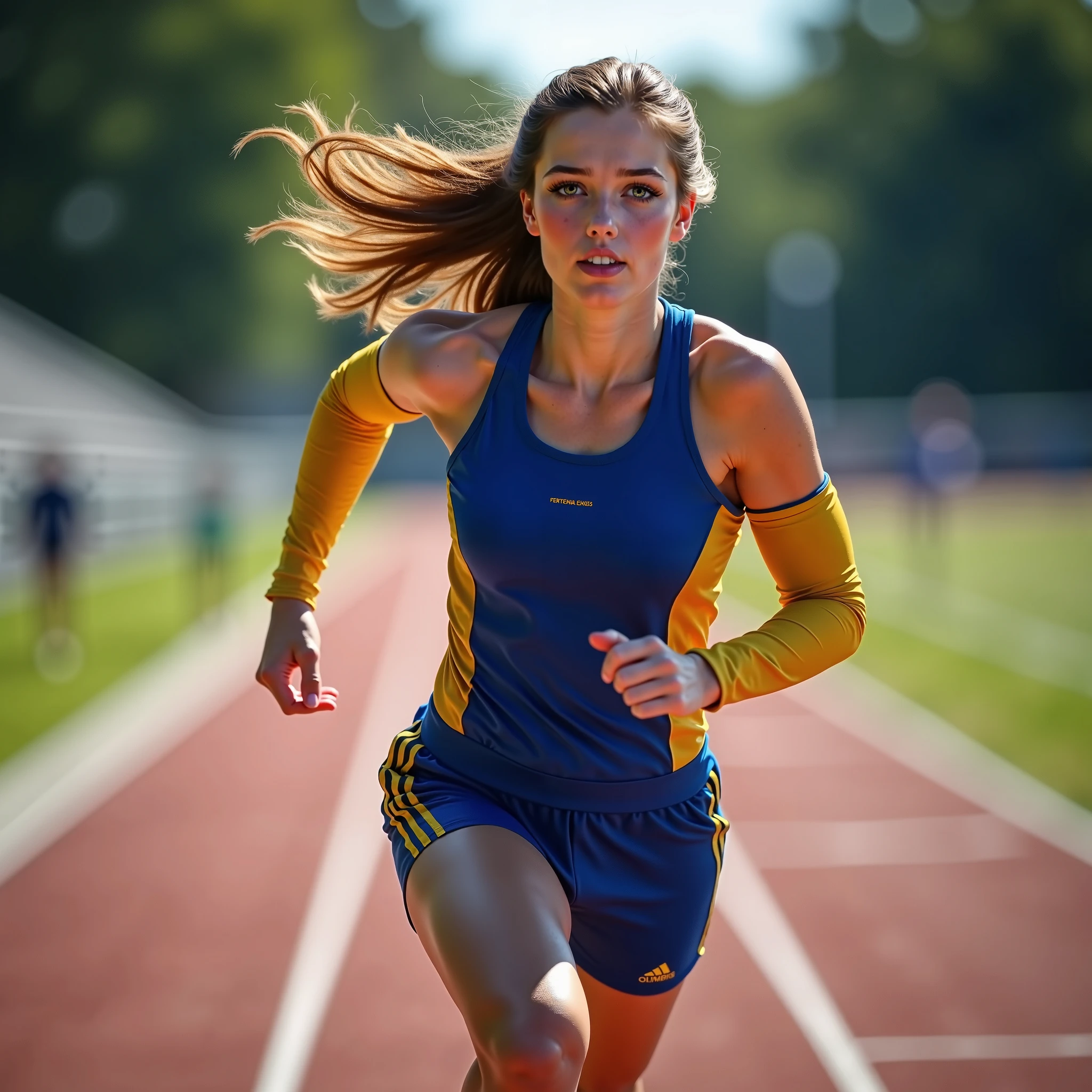 (masterpiece, best quality), (absurdres:1.3), (photorealistic:1.4), RAW photo of (18-year-old:1.4) American girl, (ultra detailed, ultra realistic, hyper realistic, 8K, ultra highres), long hair, blonde hair, floating hair, (dynamic pose:1.4), solo, slim, (bokeh, sharp focus, depth of field), <lyco:more_details:0.8>, BREAK portrait by professional photographer, sports, (running), track and field, navel, athlete