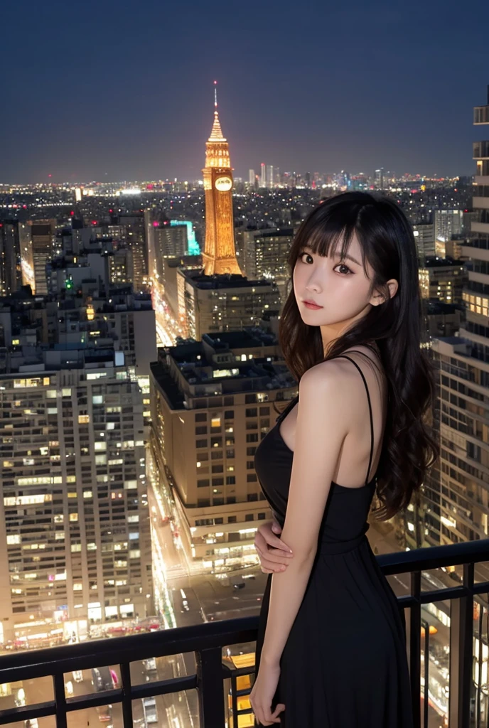 ((Midnight)), whole body, Long legs, Sharp focus: 1,2, Beautiful woman with perfect body: 1,4, Slim Belly: 1,1, ((Dark brown hair, Big breasted: 1,2 )), (Sexy Dress, Translucent dress,), ((City night view, rooftop: 1.3)), Highly detailed face and skin texture, Fine grain, double eyelid