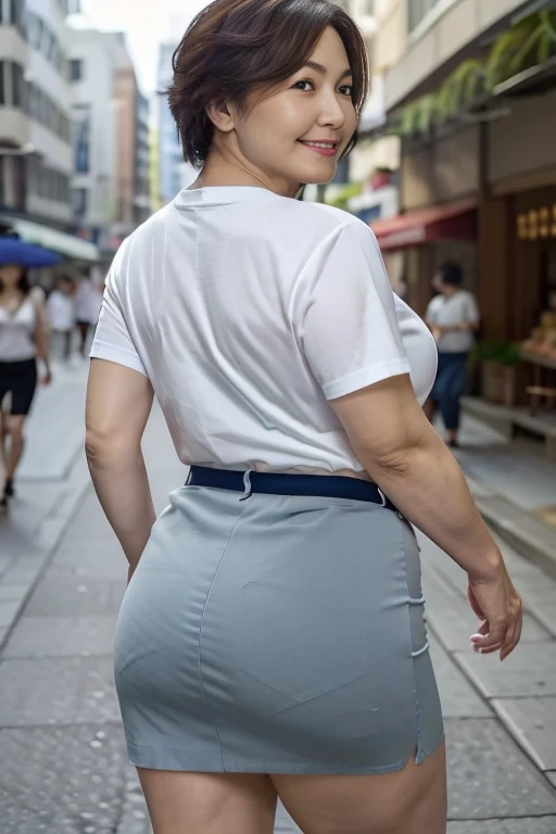 High resolution, high resolution, Attention to detail, masterpiece, Rough skin, Anatomically correct, sharp,
In the shopping district in front of the station、
((japanese milf, 50 years old)), alone, ((Facial wrinkles)), Shapely large breasts, Random hairstyle, Chubby body type,
(((Accentuate your butt))) ,white collared blouse、Navy blue tight skirt、Big Ass、Look Down、landscape,A gentle smile、A gaze that seduces viewers、