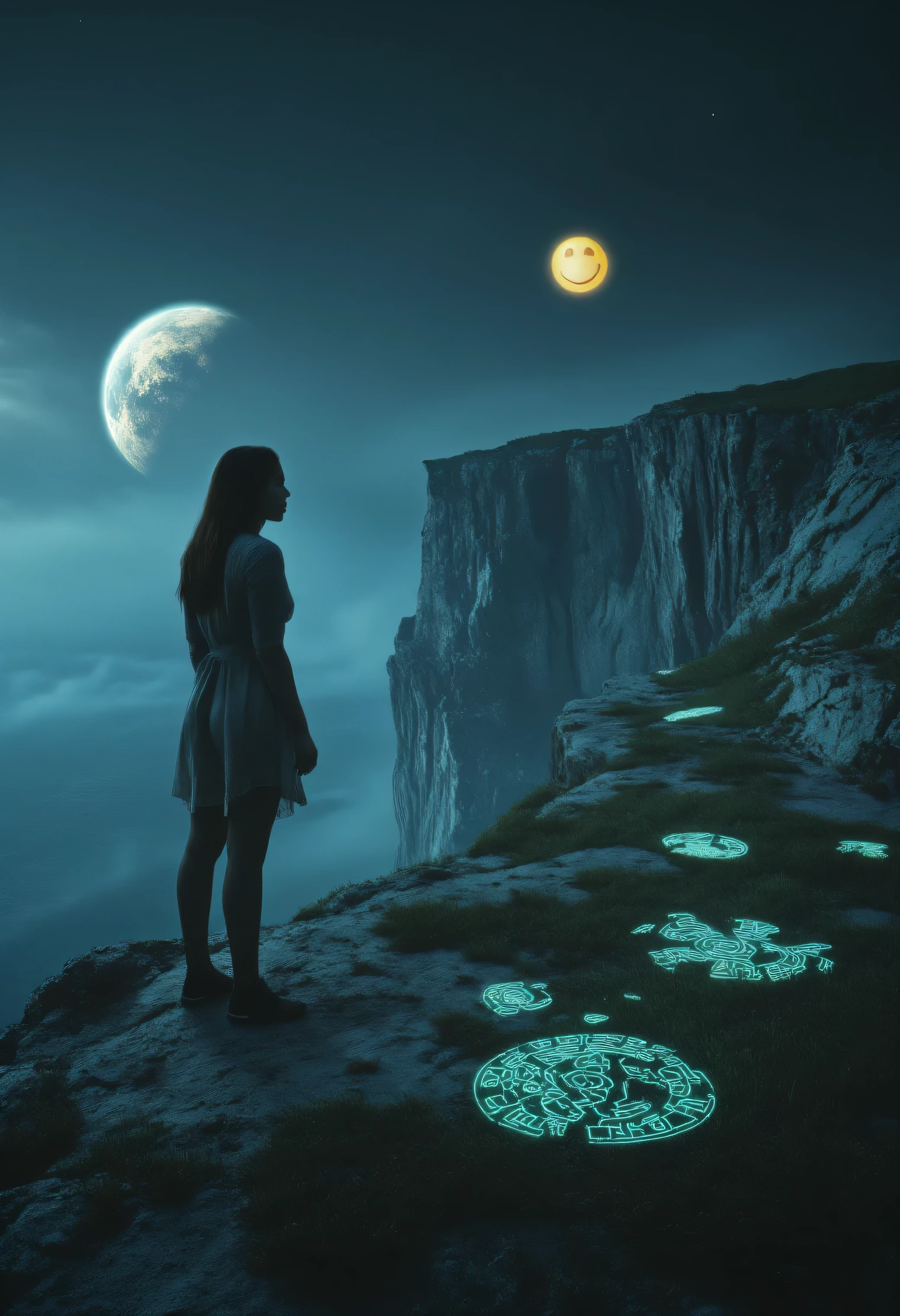 woman standing at a cliff with a low battery emoji above his head, cleavage desolate dystopia void realm outdoor at nighttime, glowing planet in the sky, foggy , glowing hieroglyphs in the grass, a glowing hieroglyph energy orb portal masterpiece, , epic composition, photorealistic, high quality, extremely detailed